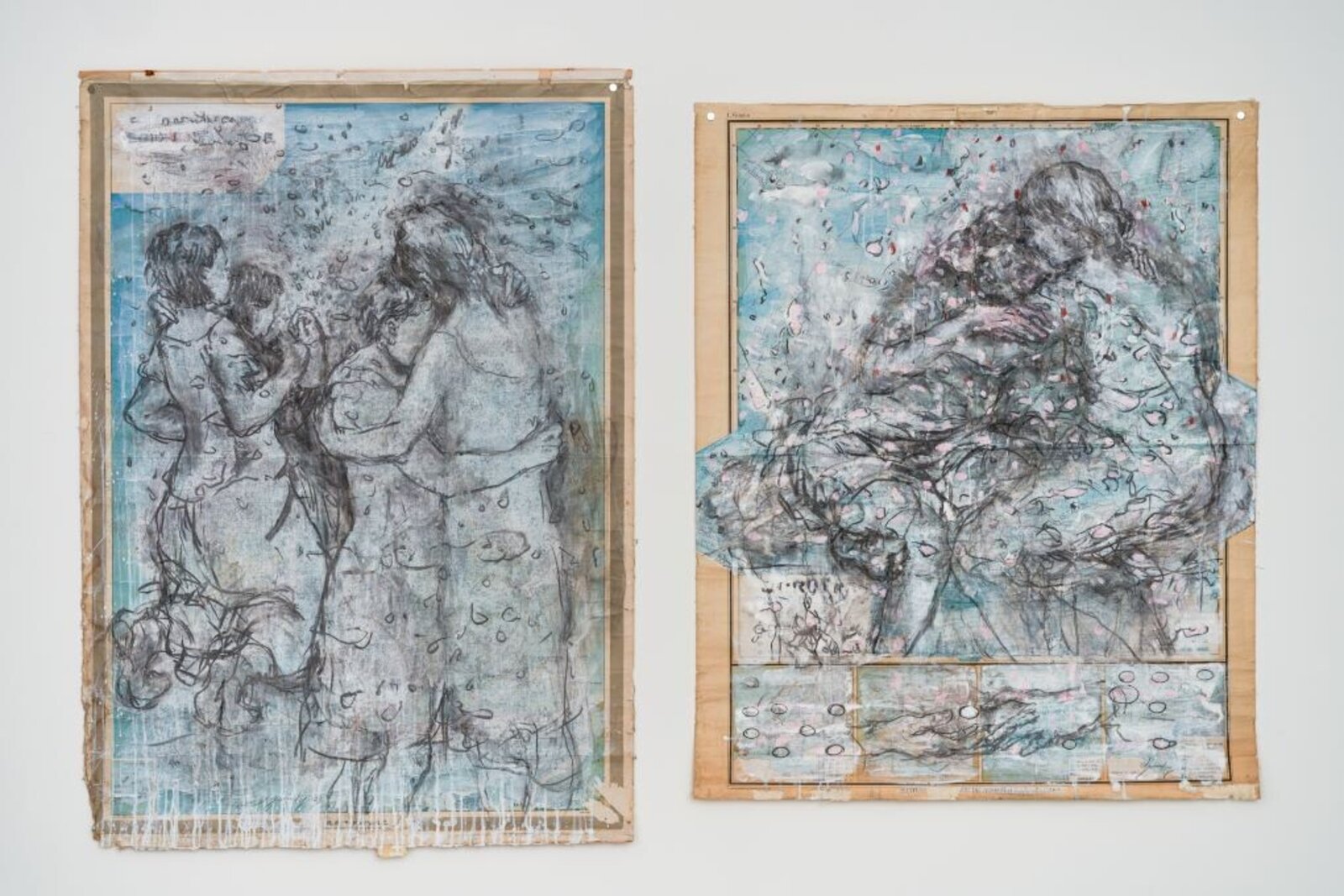 A layered map collage featuring a central figure in a hunched pose, surrounded by abstract marks and floating shapes.