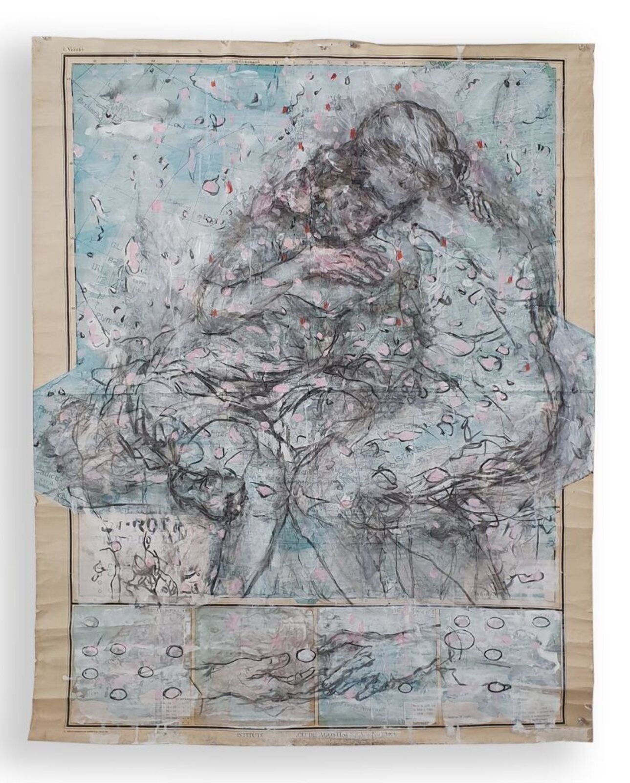 A layered map collage featuring a central figure in a hunched pose, surrounded by abstract marks and floating shapes.