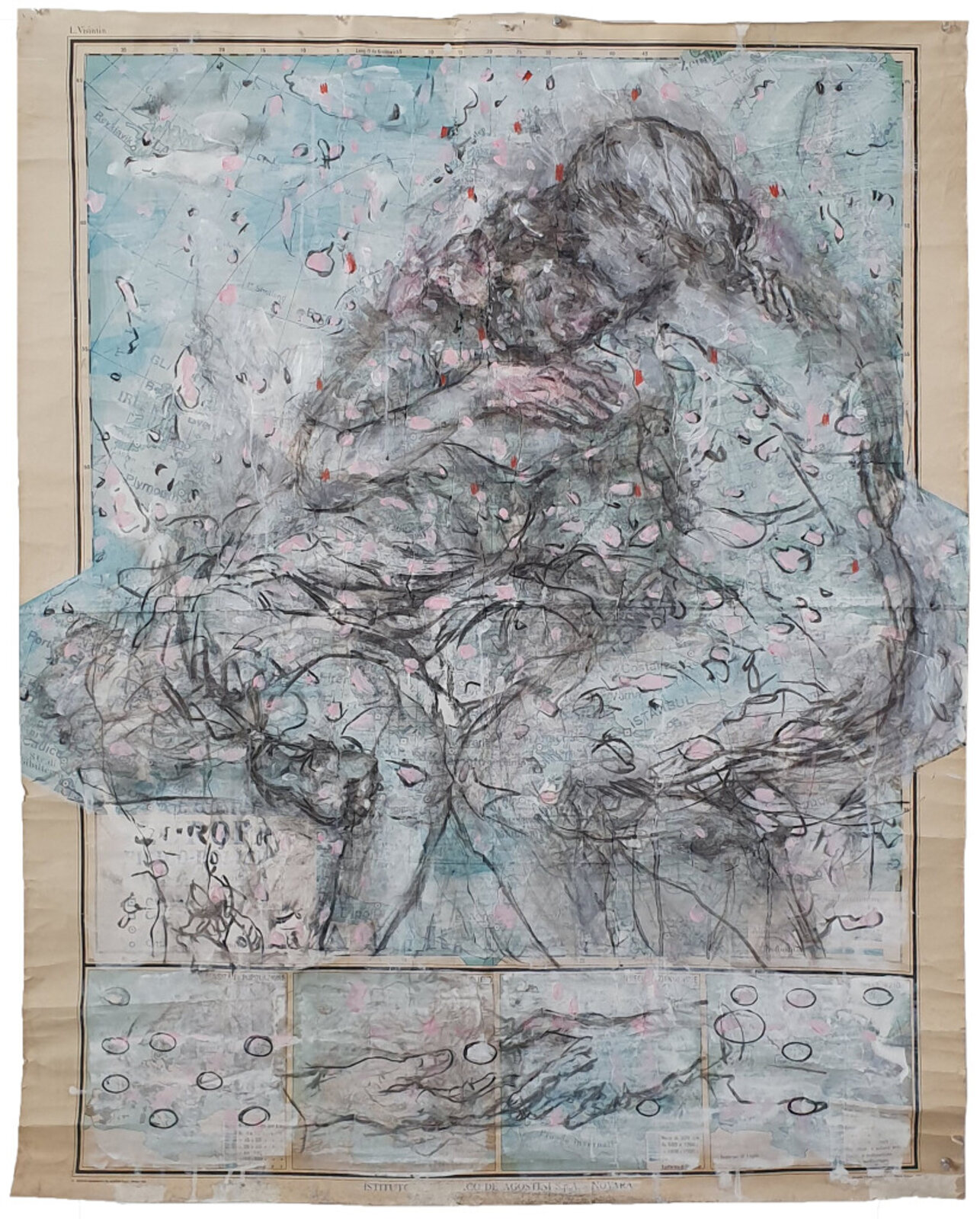 A layered map collage featuring a central figure in a hunched pose, surrounded by abstract marks and floating shapes.