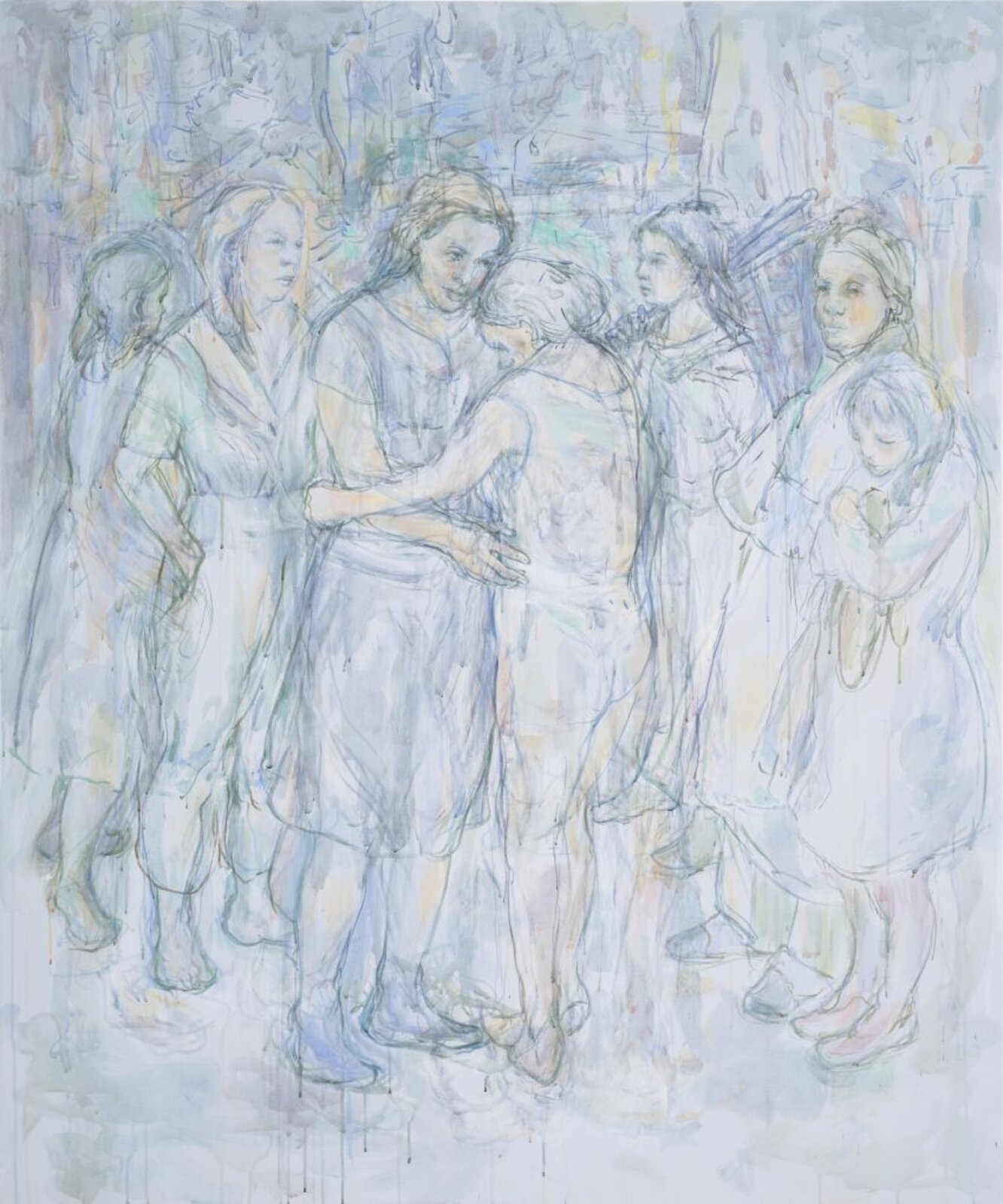 A group of figures in a dreamy, watercolor-style gathering.