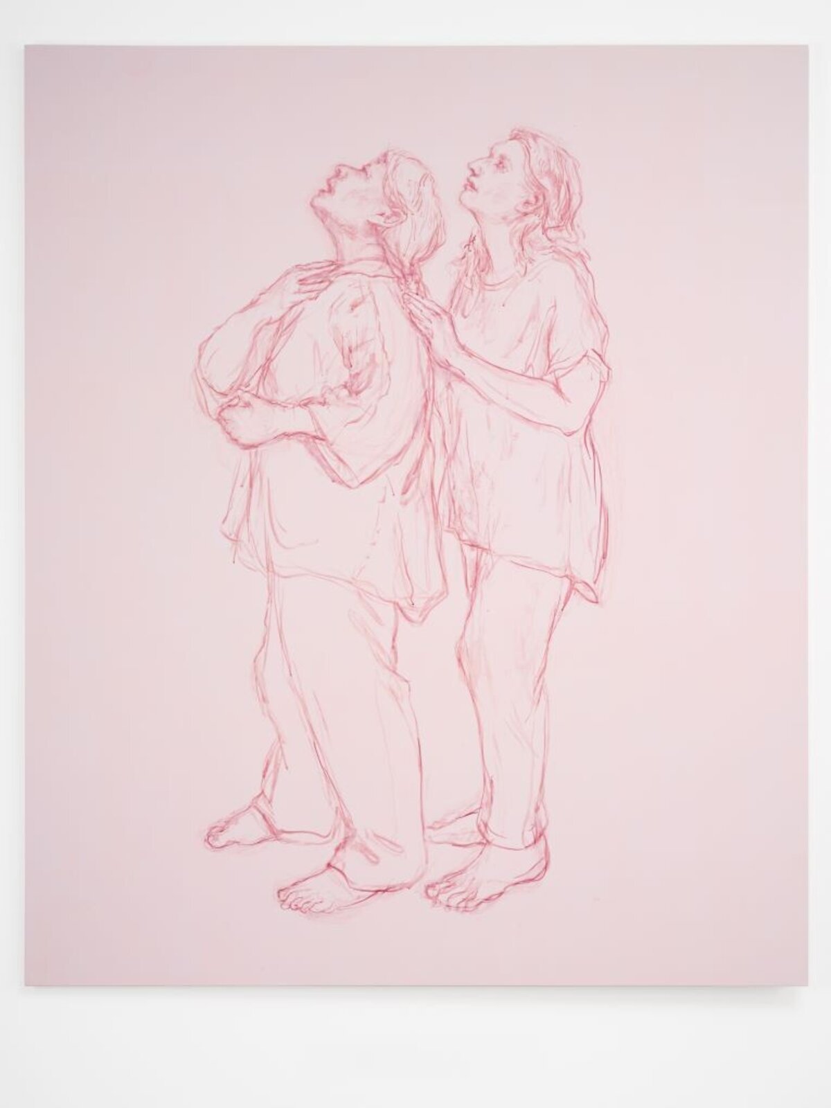 A monochromatic sketch of two figures standing close together, heads tilted upward.