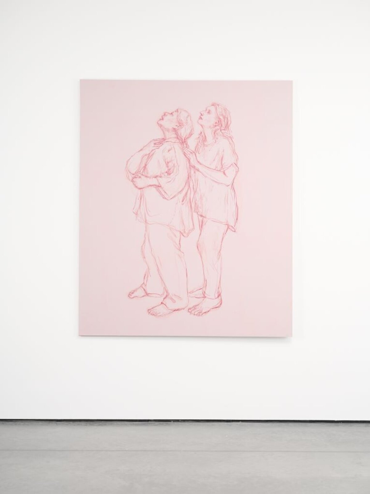 A monochromatic sketch of two figures standing close together, heads tilted upward.