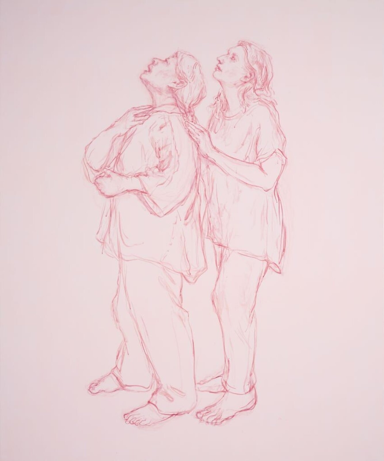 A monochromatic sketch of two figures standing close together, heads tilted upward.
