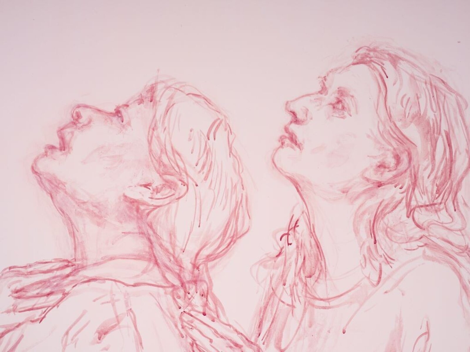 A monochromatic sketch of two figures standing close together, heads tilted upward.
