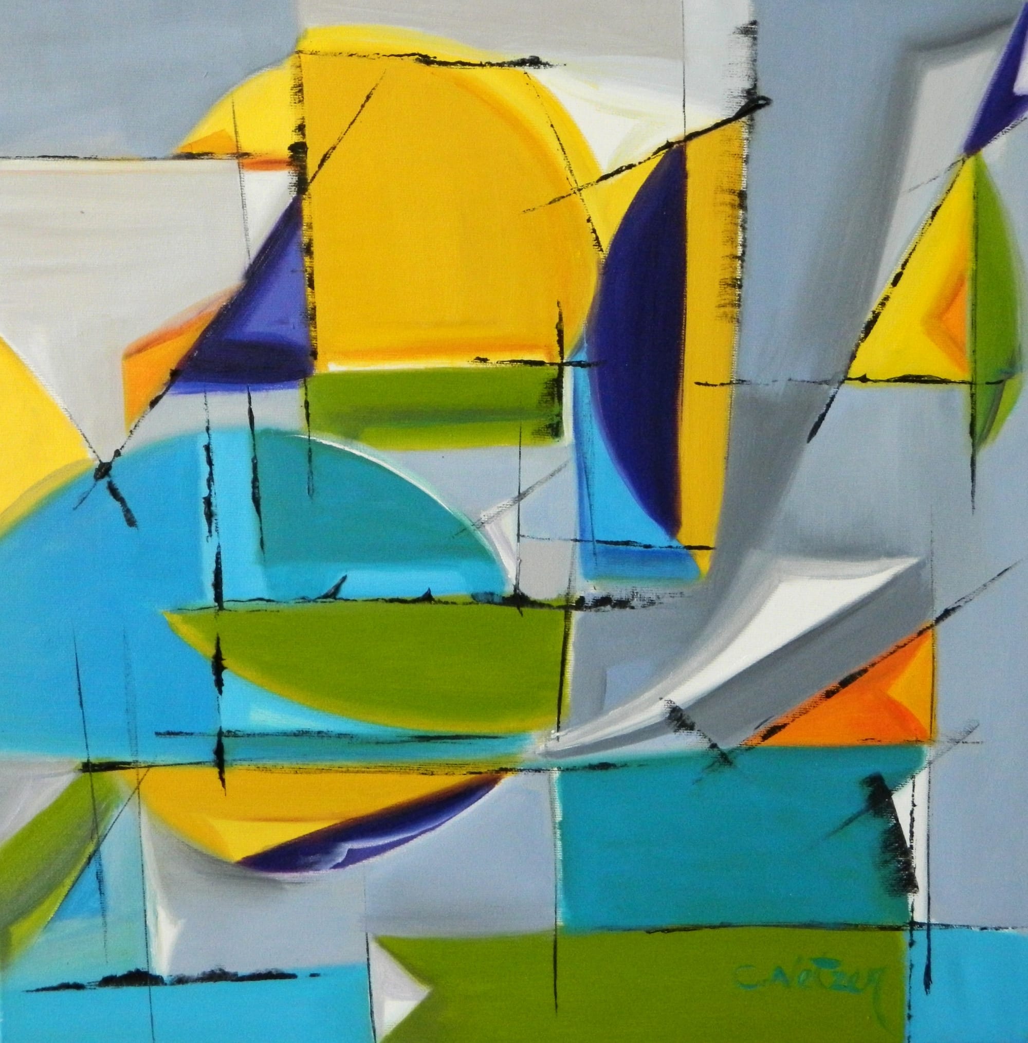 A painting of a blue, yellow, and green abstract painting.