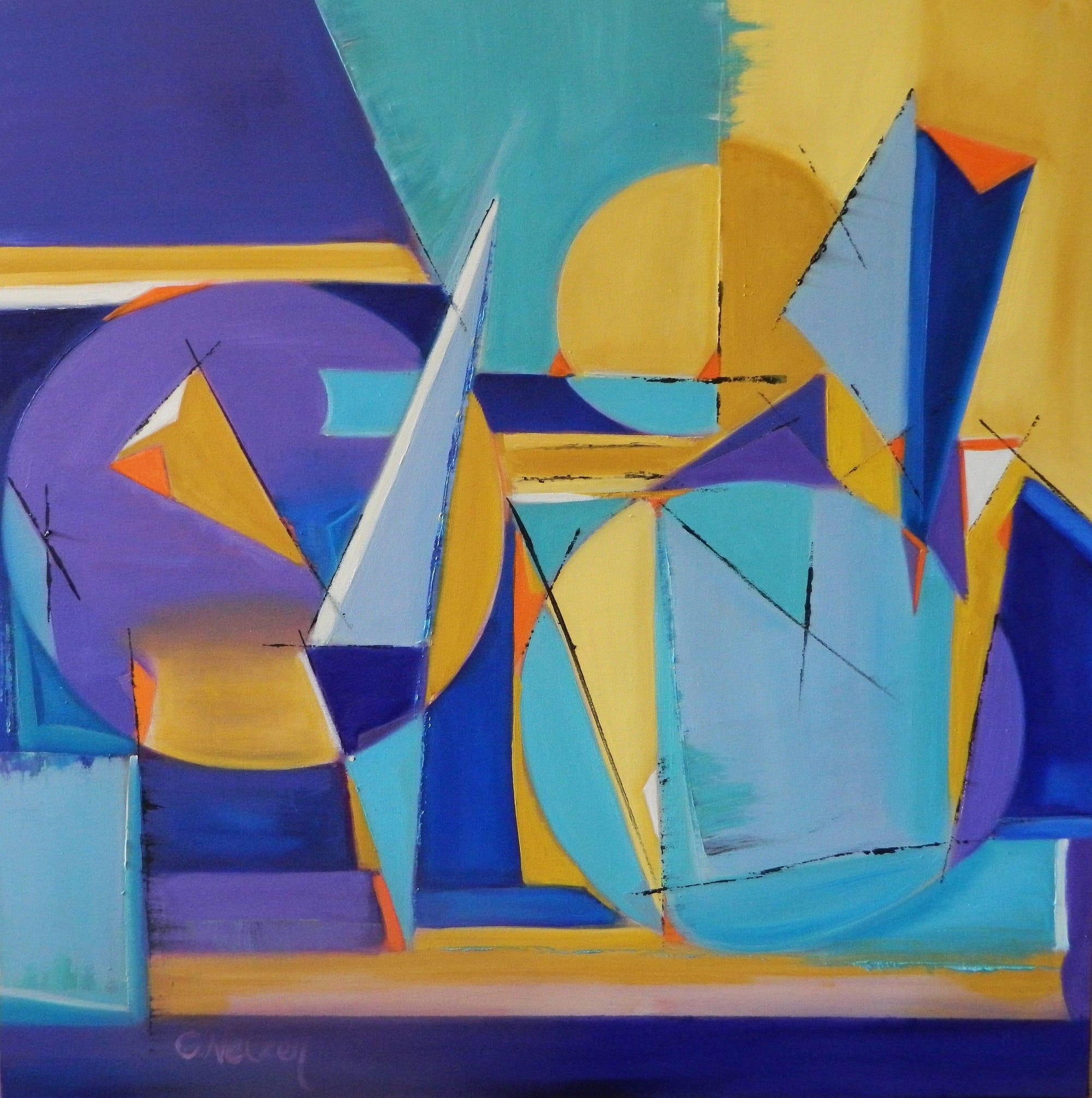 A painting of a blue and yellow abstract painting.