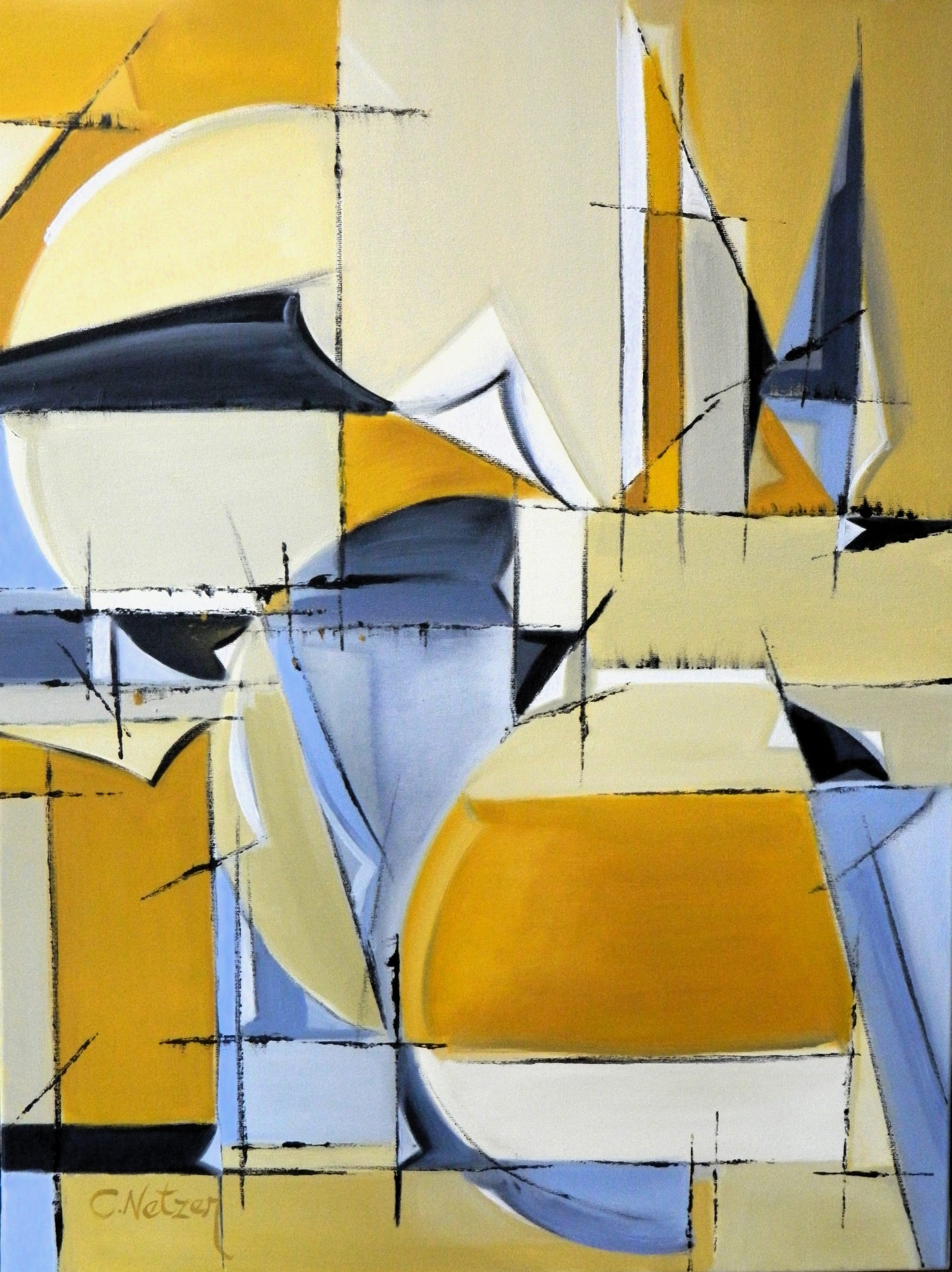 A painting of a yellow and blue abstract painting.