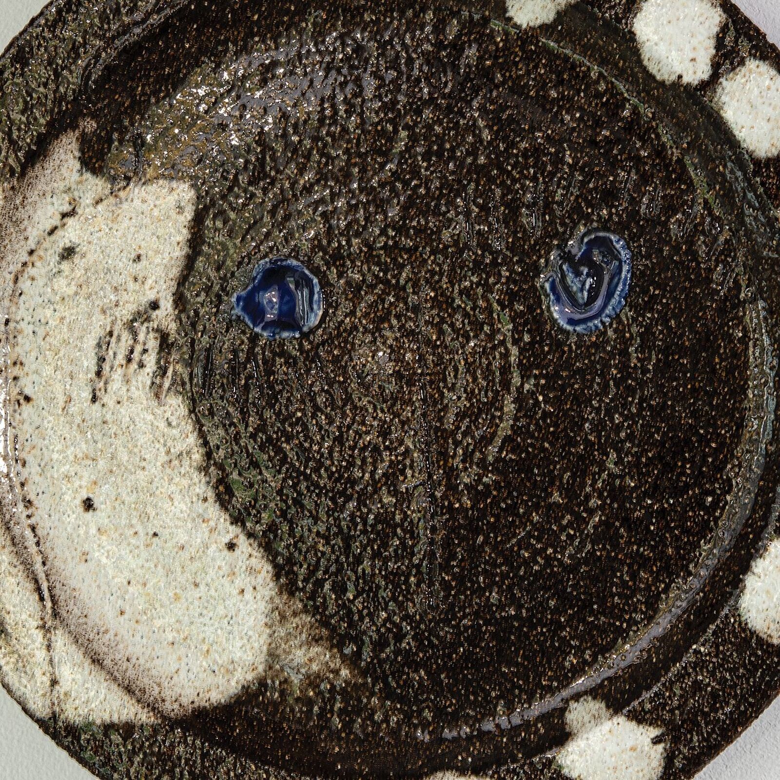 A rustic ceramic plate featuring a dark textured surface with white speckles and blue glaze accents.