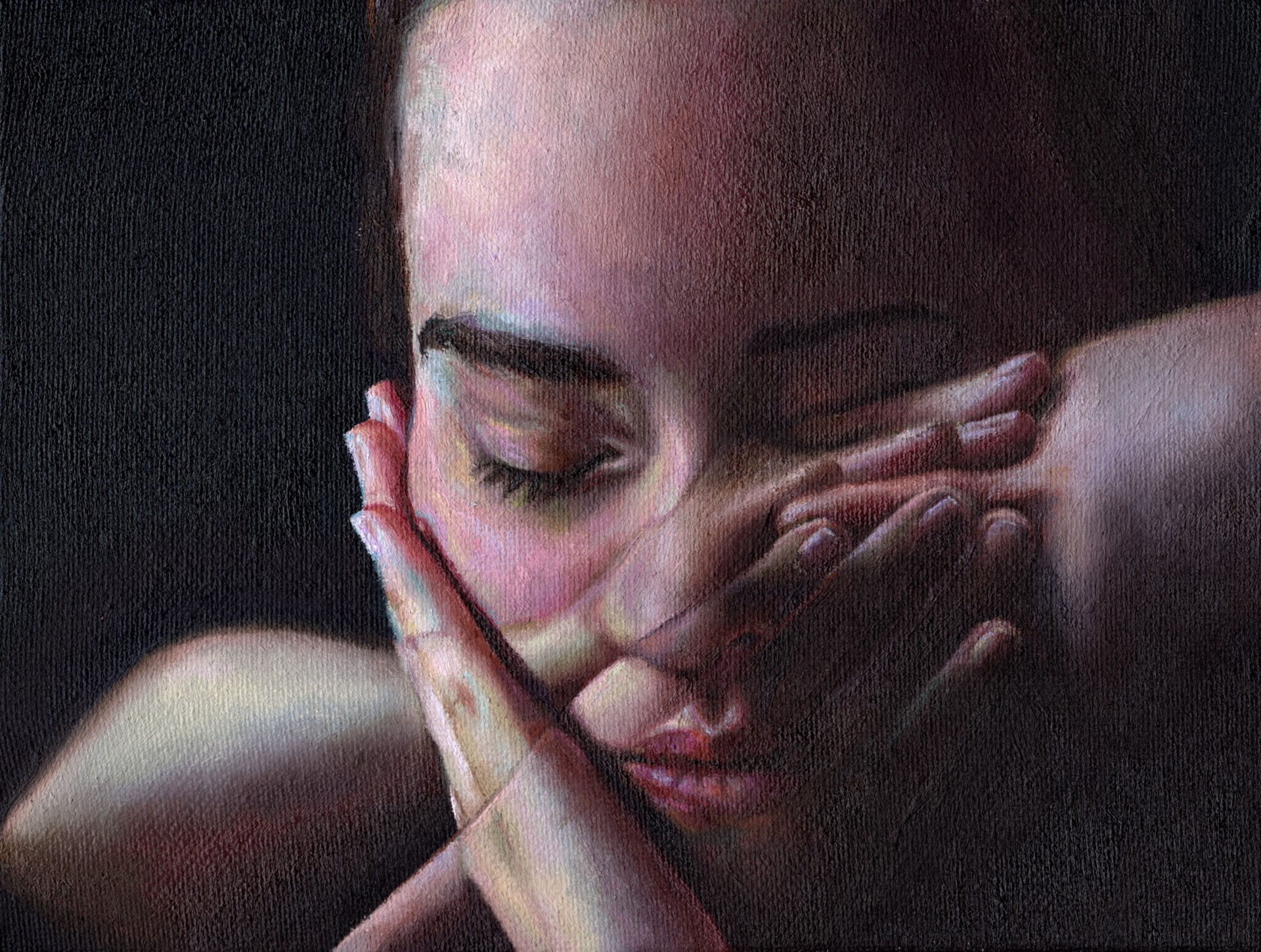 A painting of a woman covering her face with her hands.