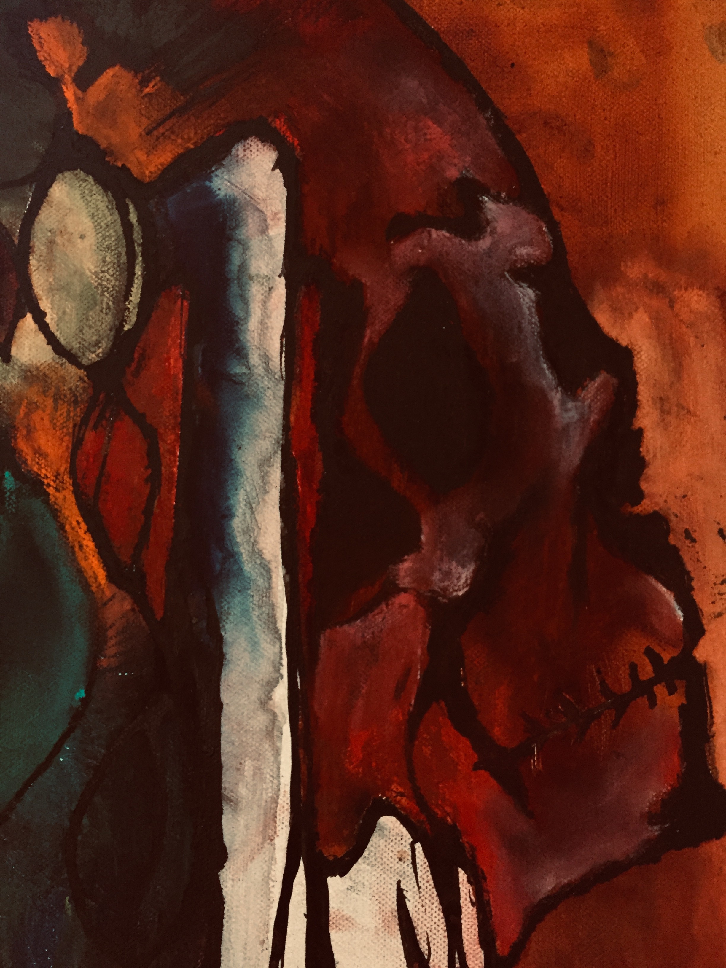 A painting of a skull on a brown background.