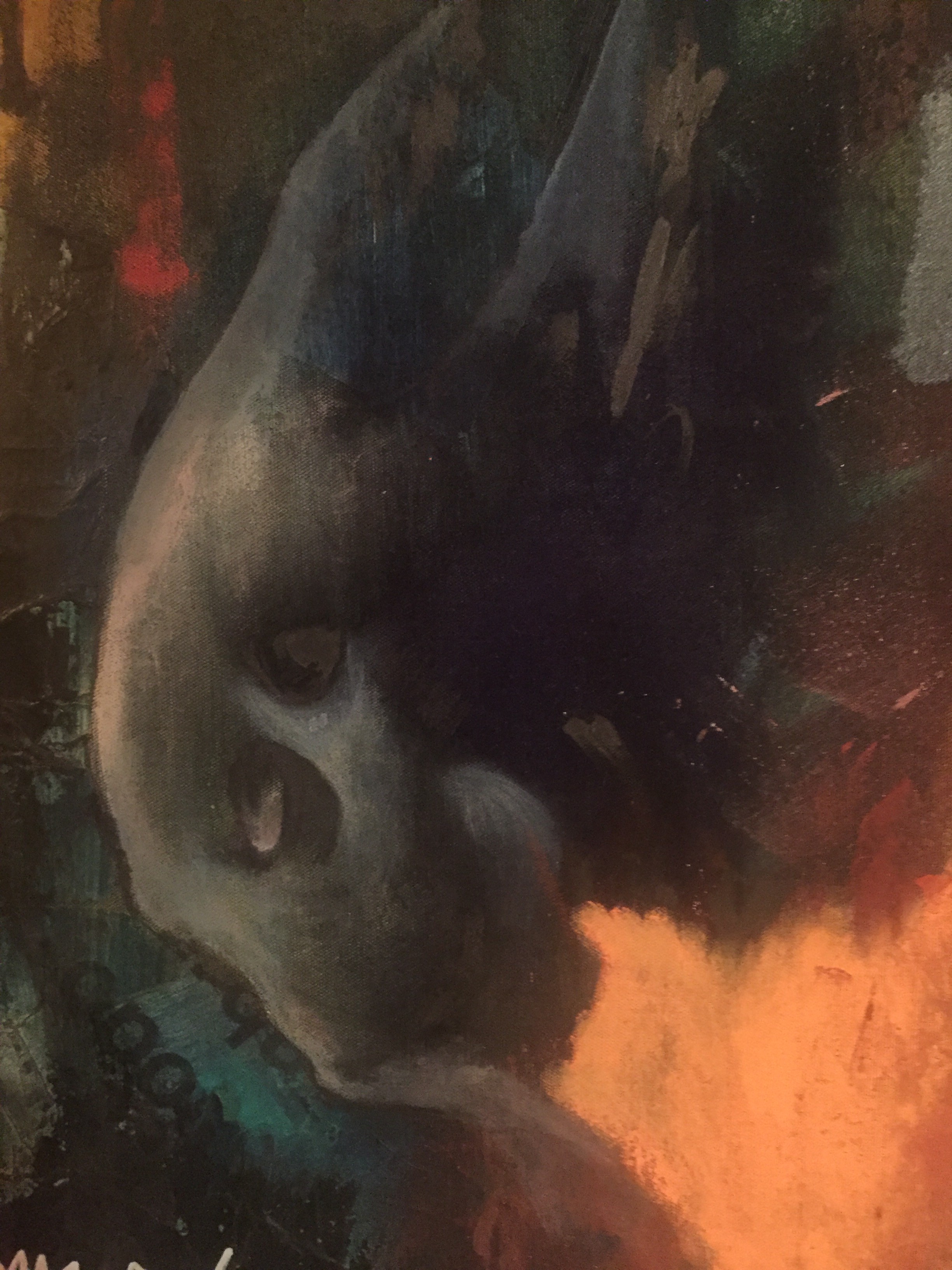 A painting of a man's face with a fire coming out of his mouth.