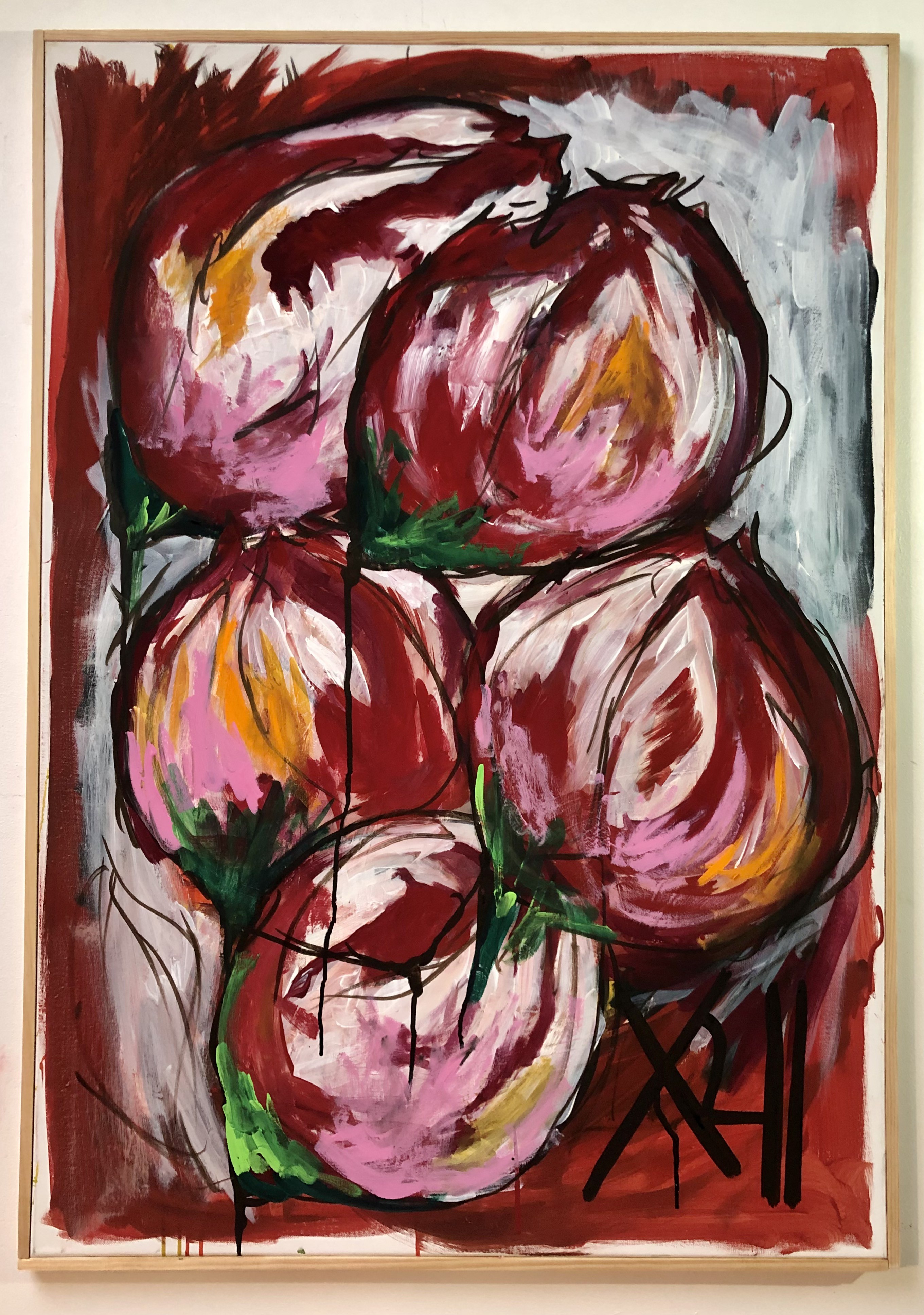 A painting of onions on a red background. 