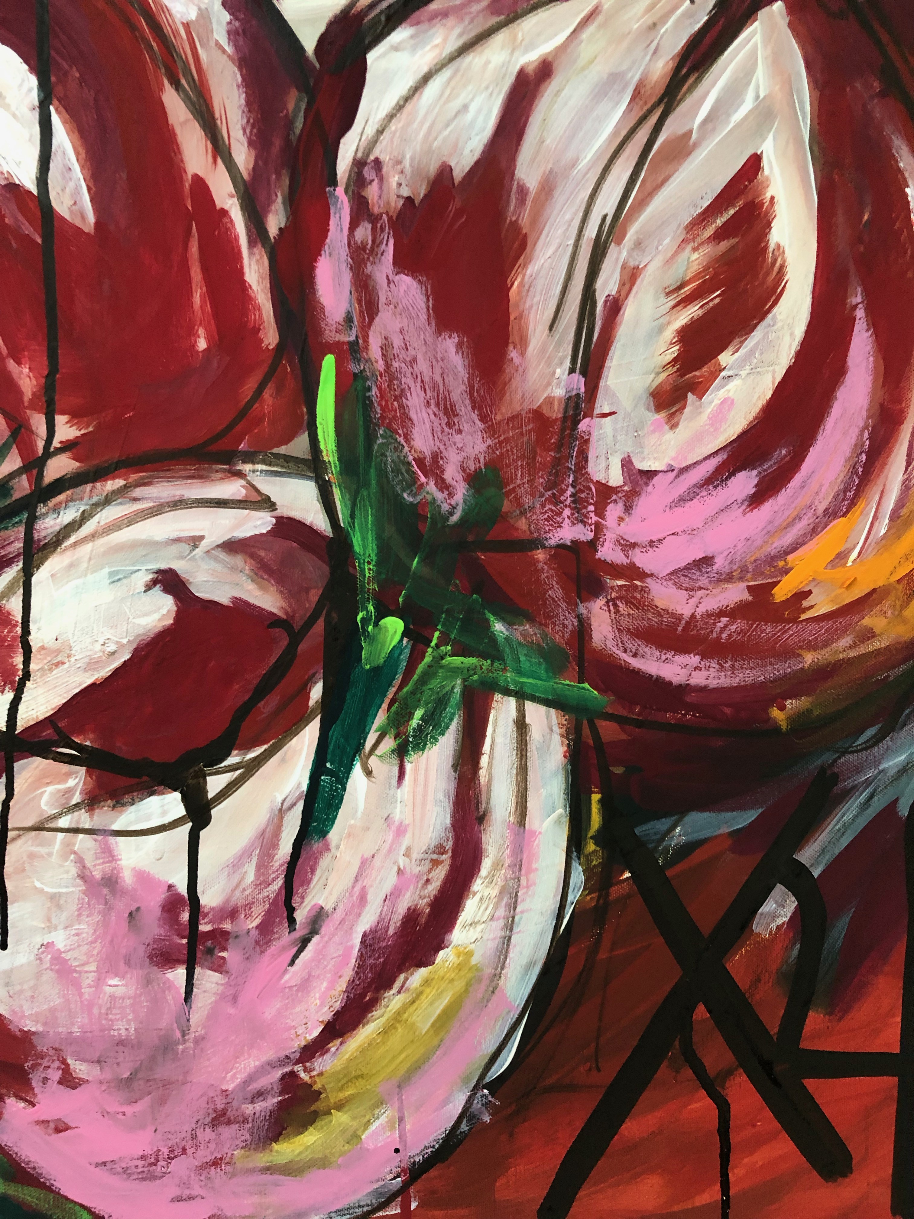 A painting of onions on a red background. 