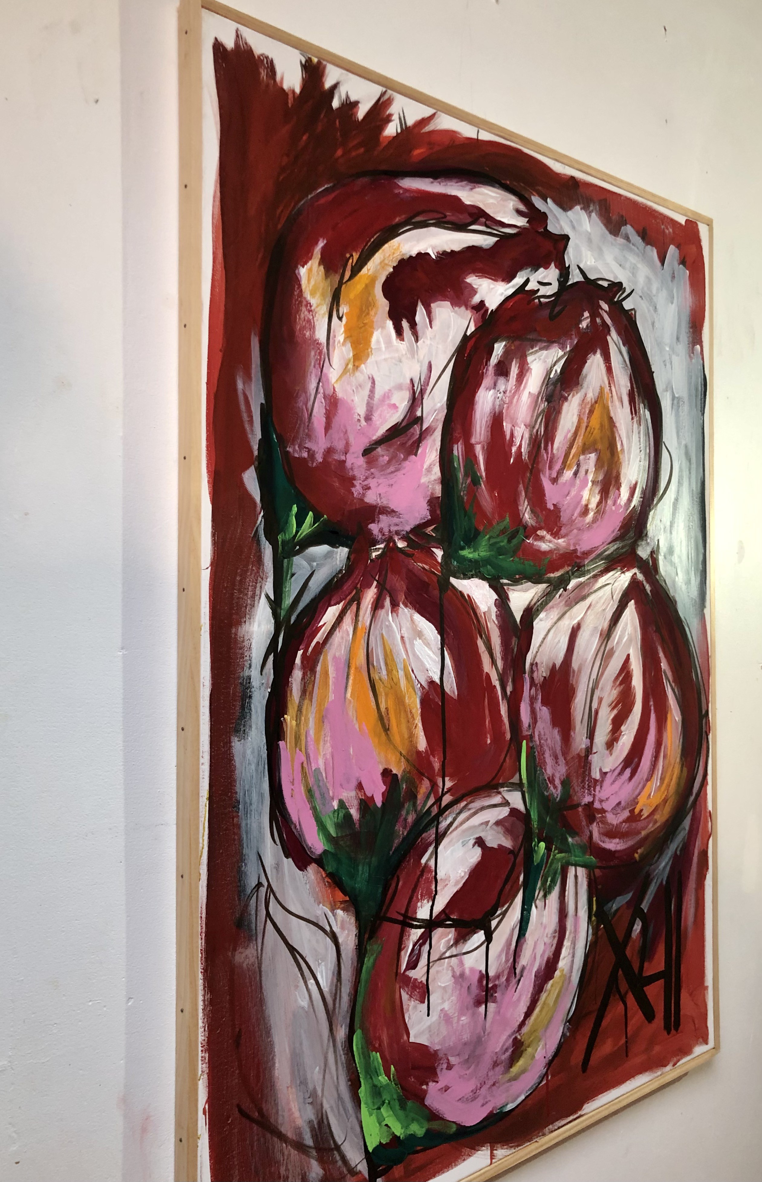 A painting of onions on a red background. 
