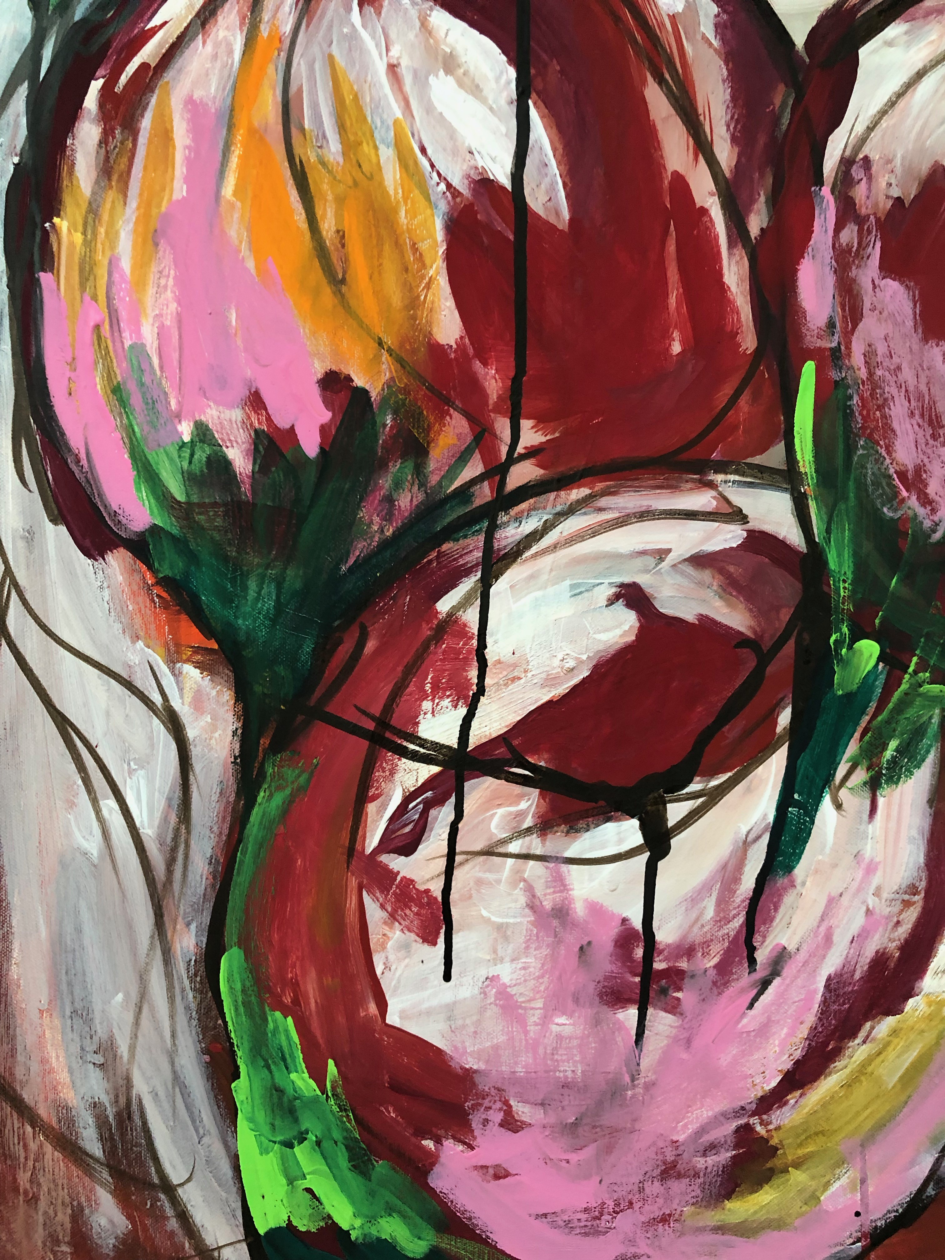 A painting of onions on a red background. 