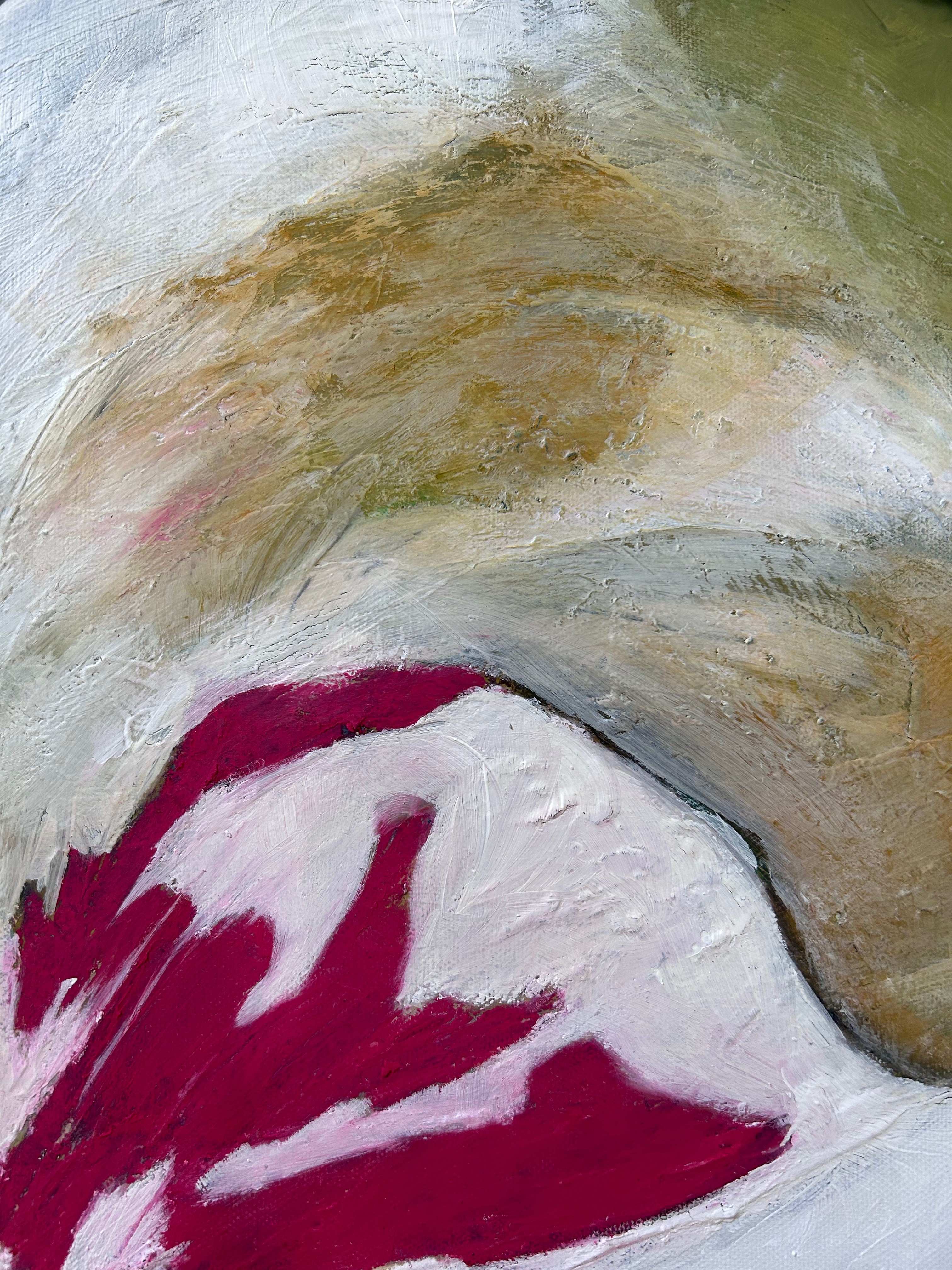 A painting of a large green and white object on a table.