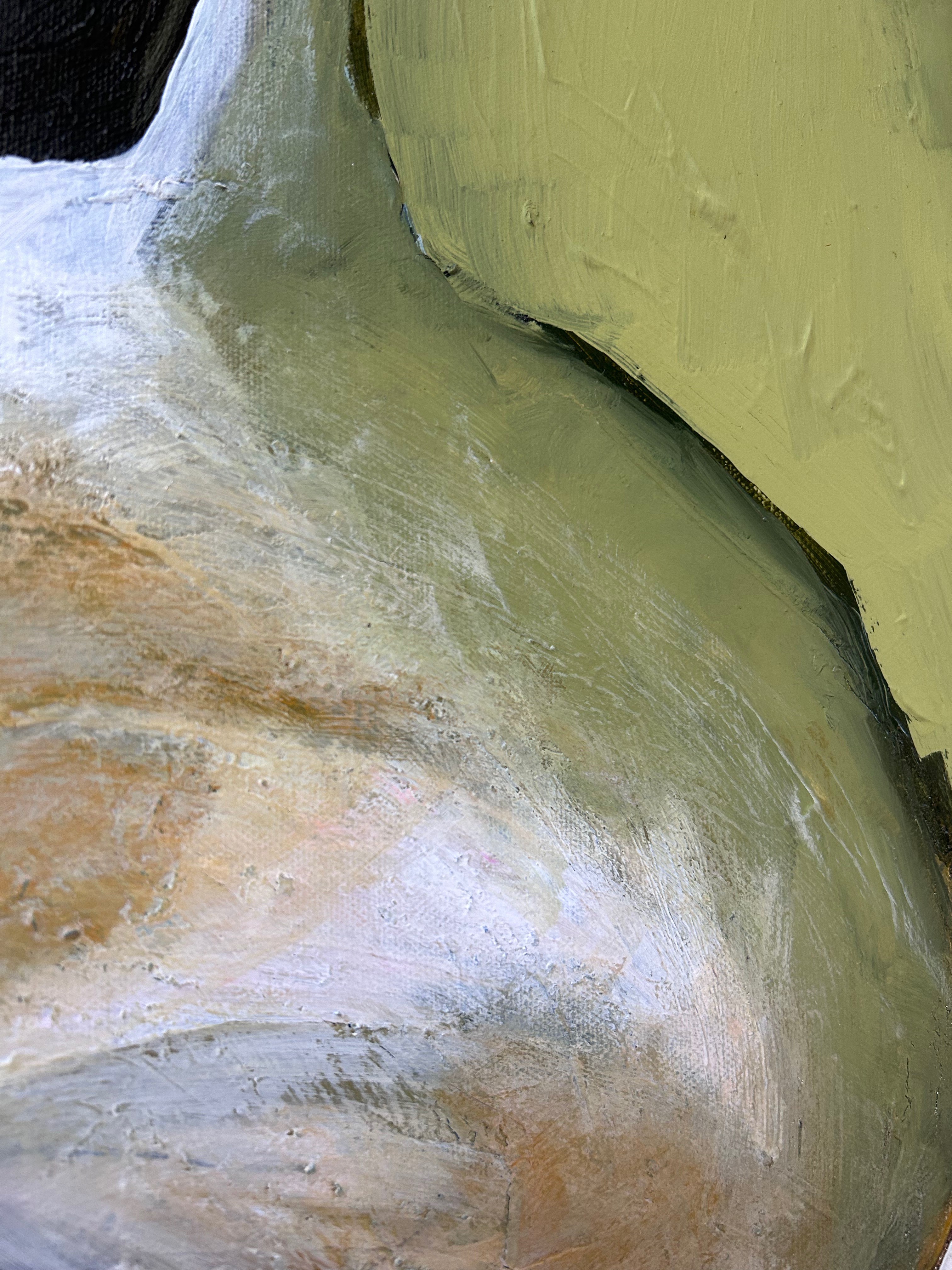 A painting of a large green and white object on a table.