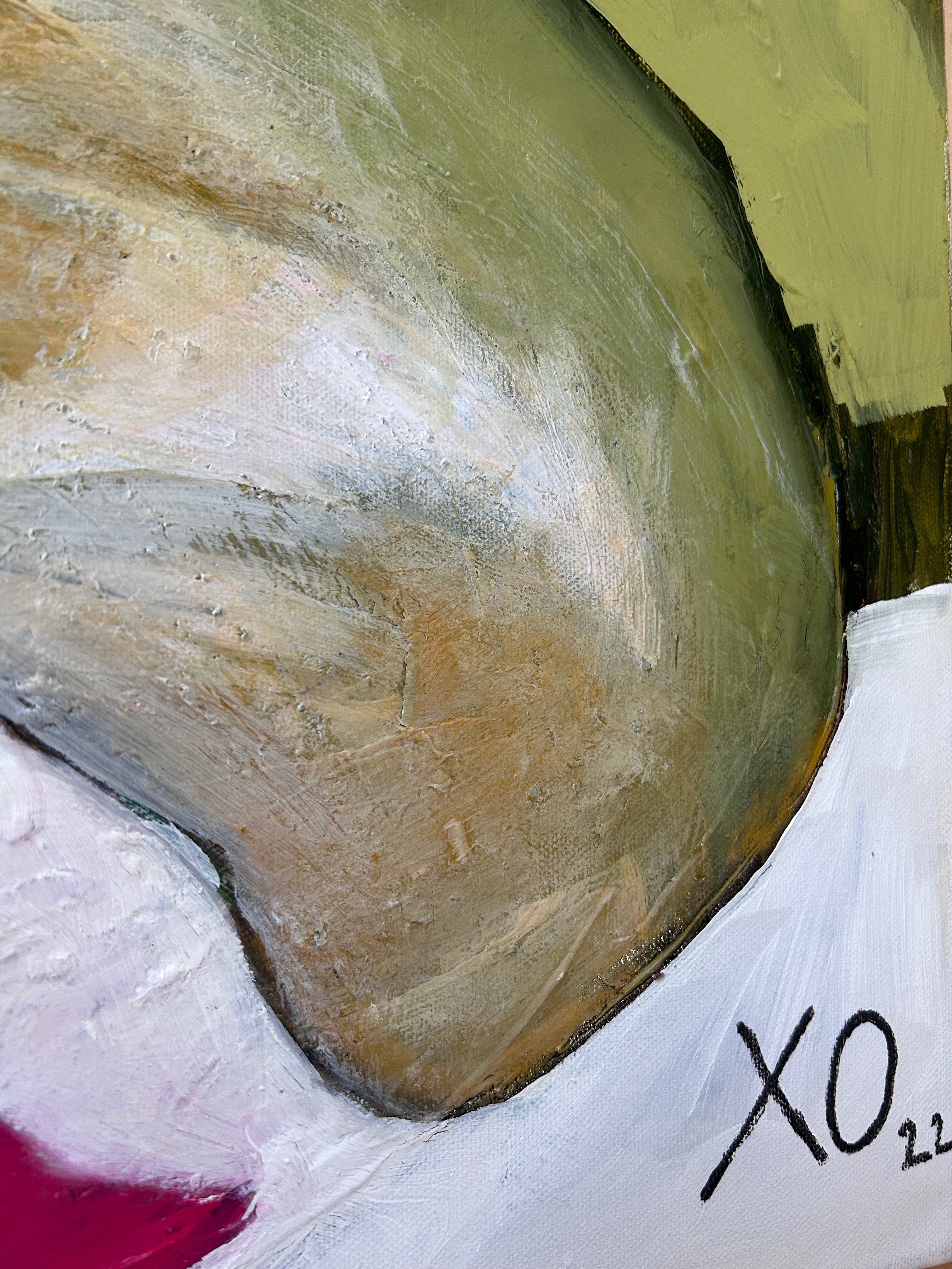 A painting of a large green and white object on a table.