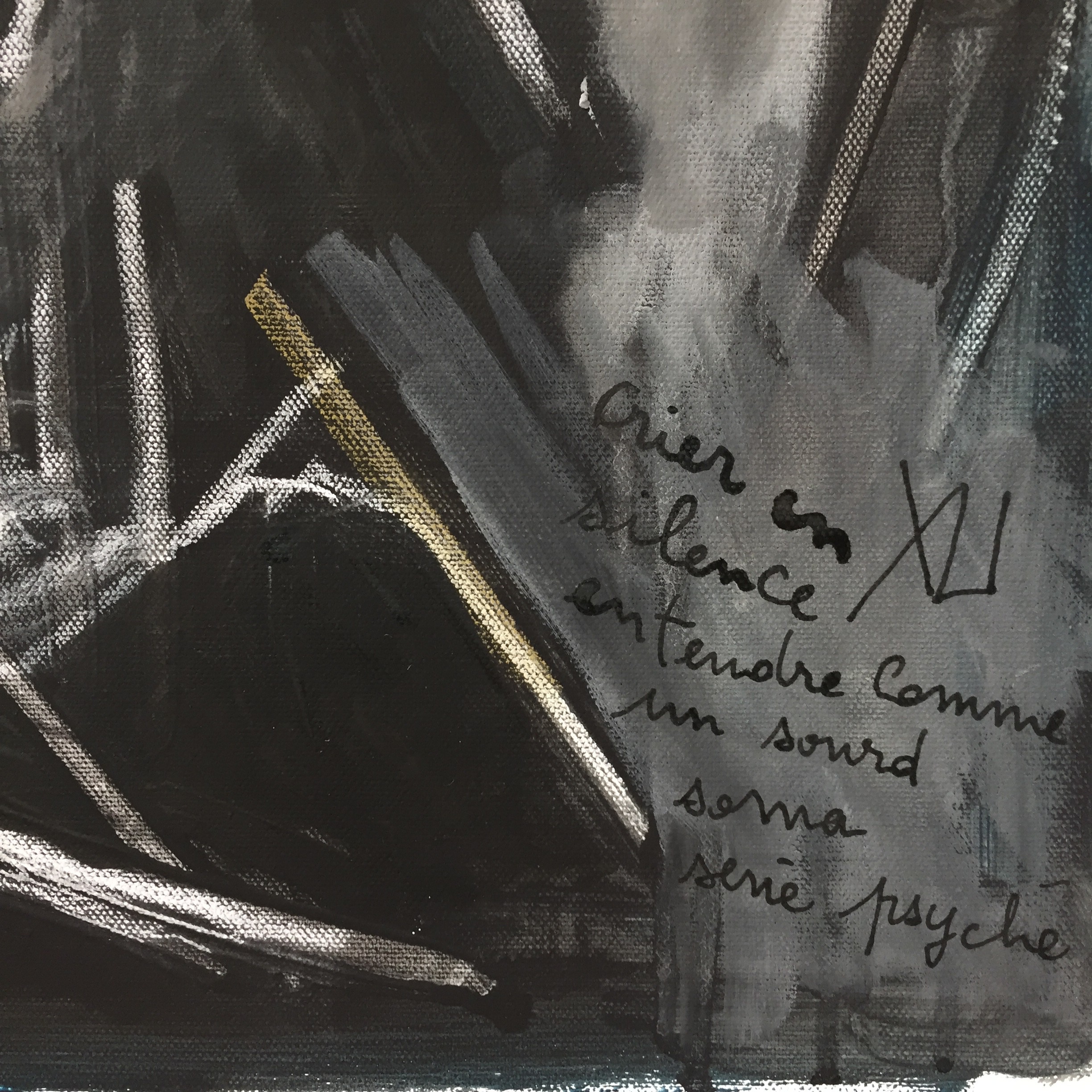 A monochromatic abstract painting featuring a fragmented chair and handwritten French text.