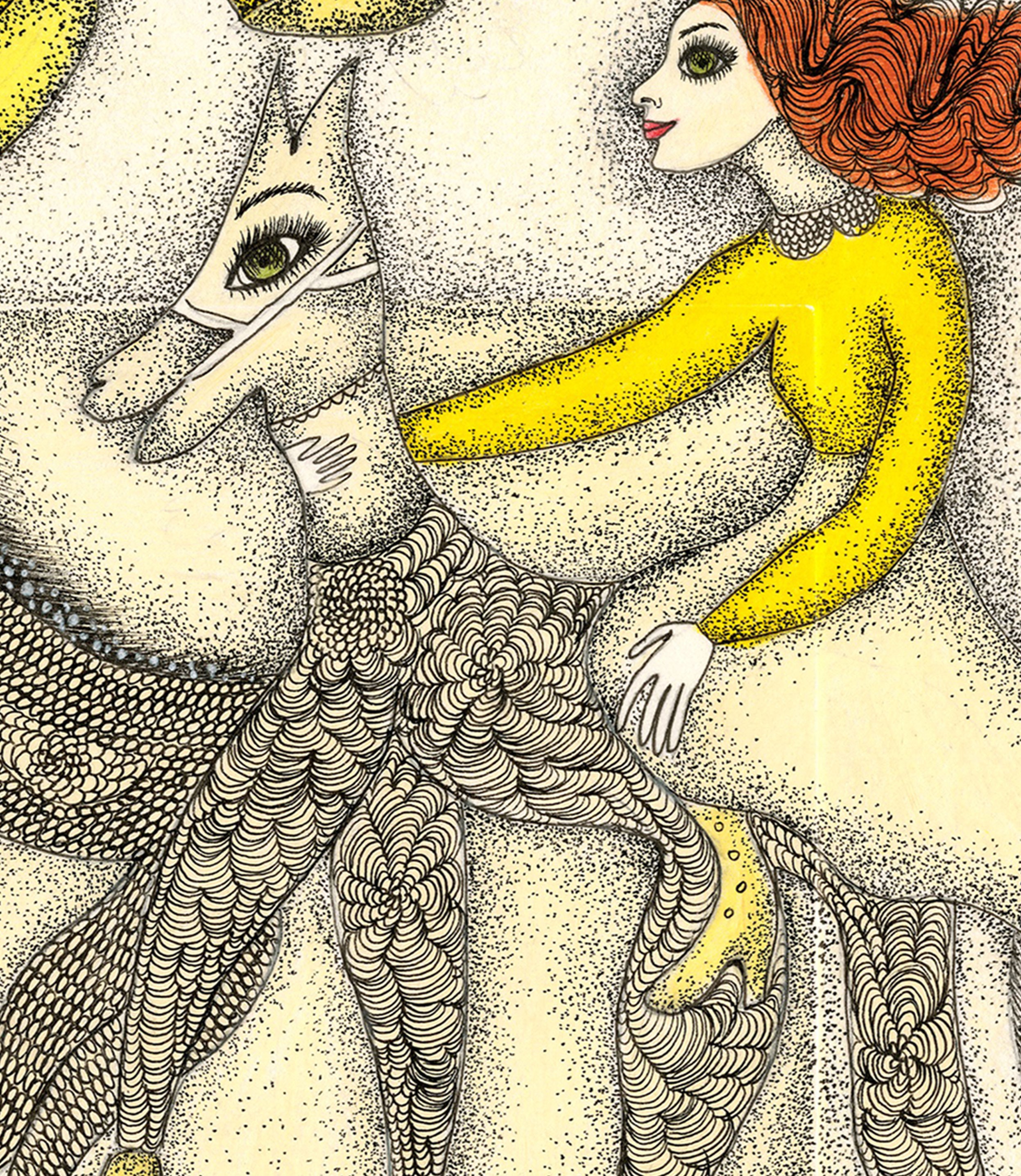 A drawing of a woman riding a horse. 