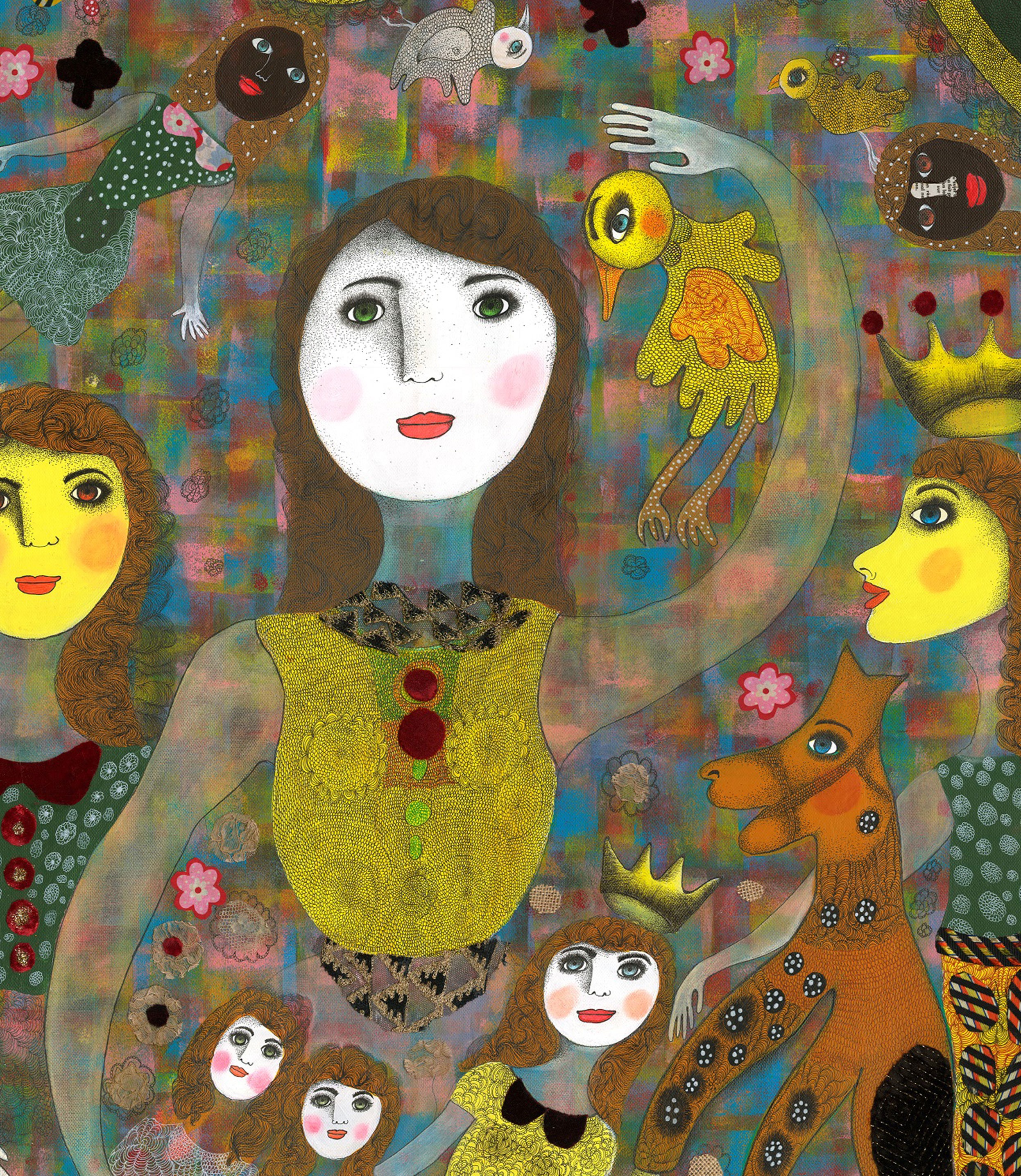 A painting of a woman surrounded by many different types of animals.