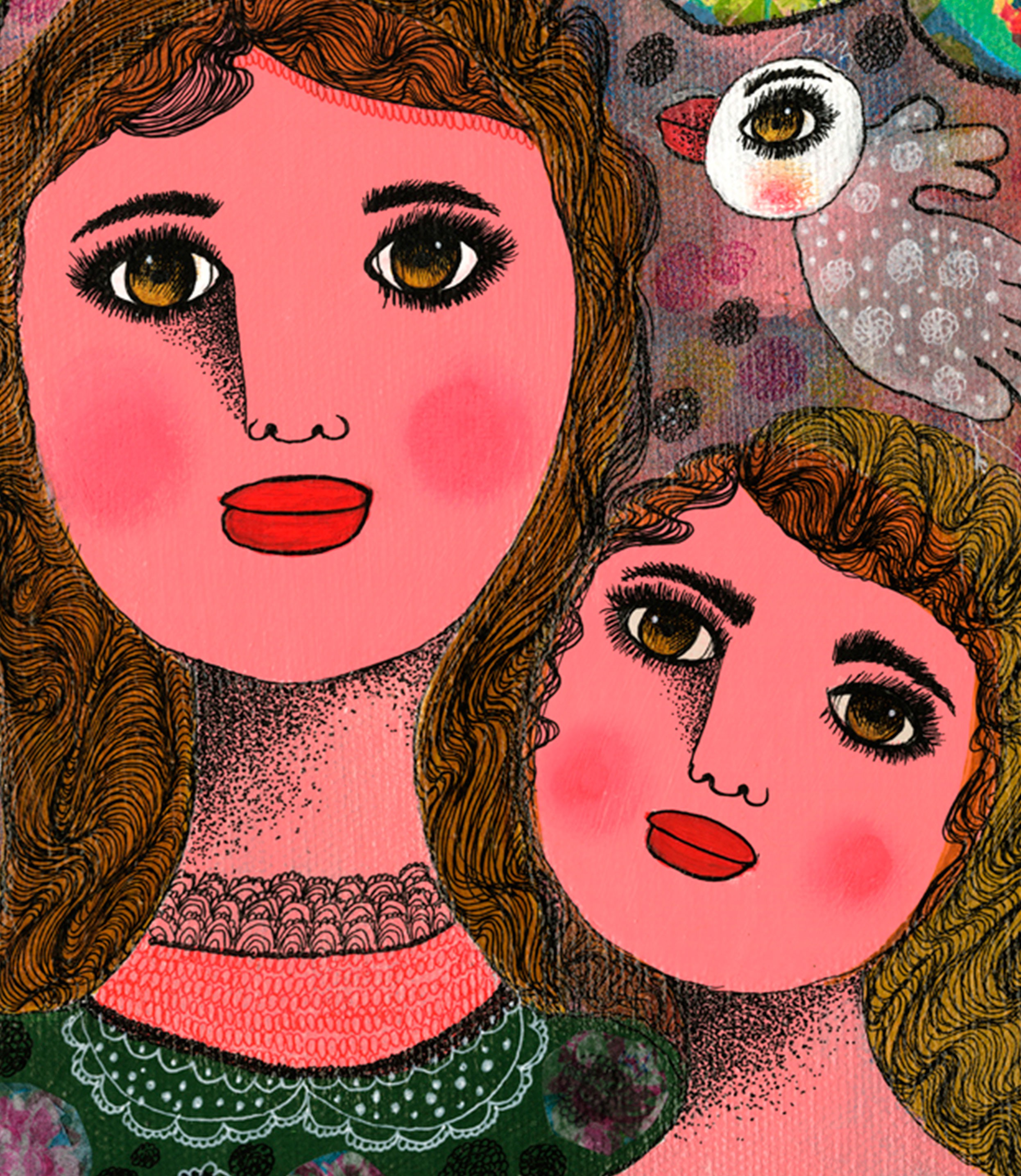 A painting of two women with a bird on their shoulder.
