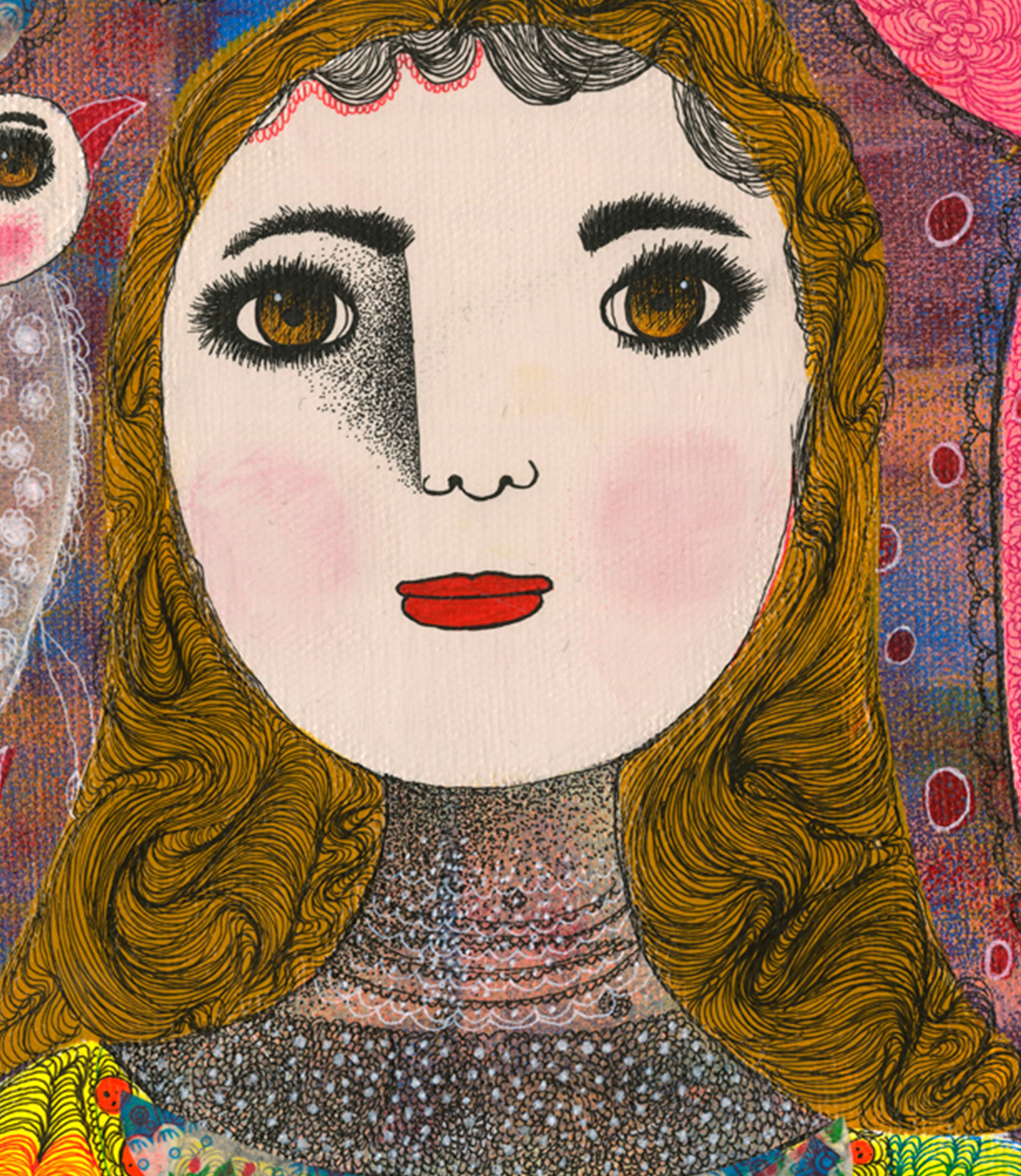 A drawing of a woman with long hair and a bird on her shoulder.