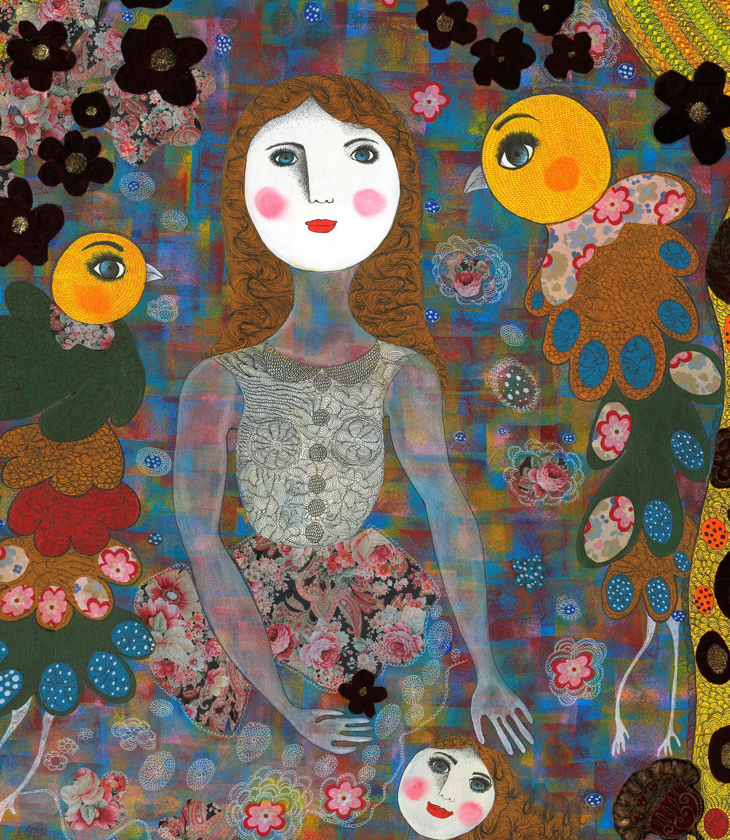 A painting of a woman surrounded by flowers and birds.