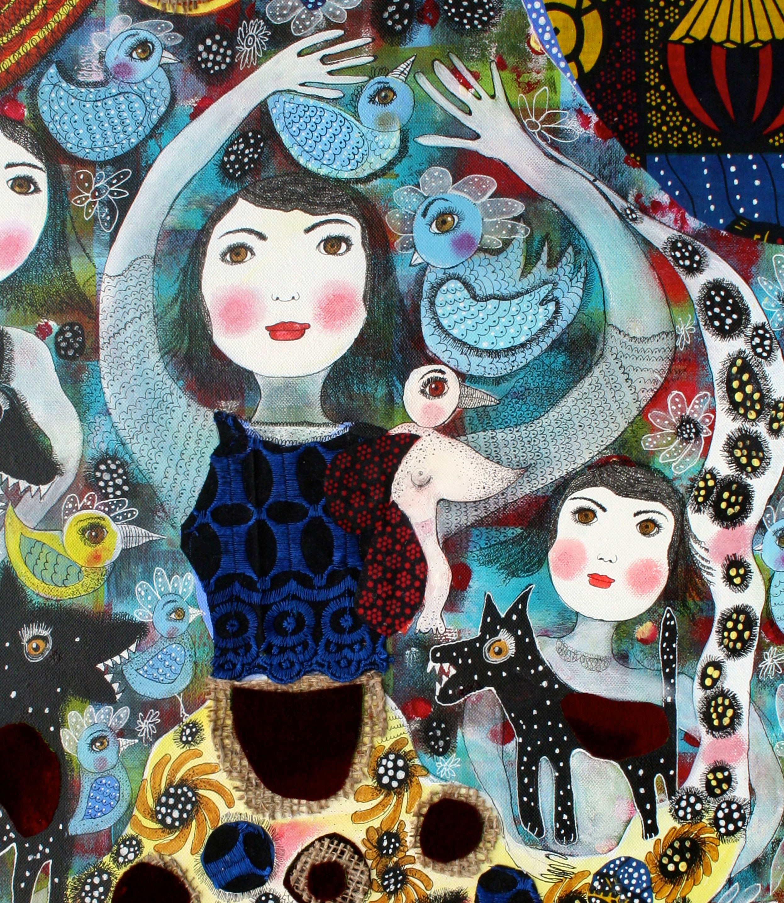 A vibrant, collage-style portrait of a central figure surrounded by animals and birds in a rich tapestry of patterns.