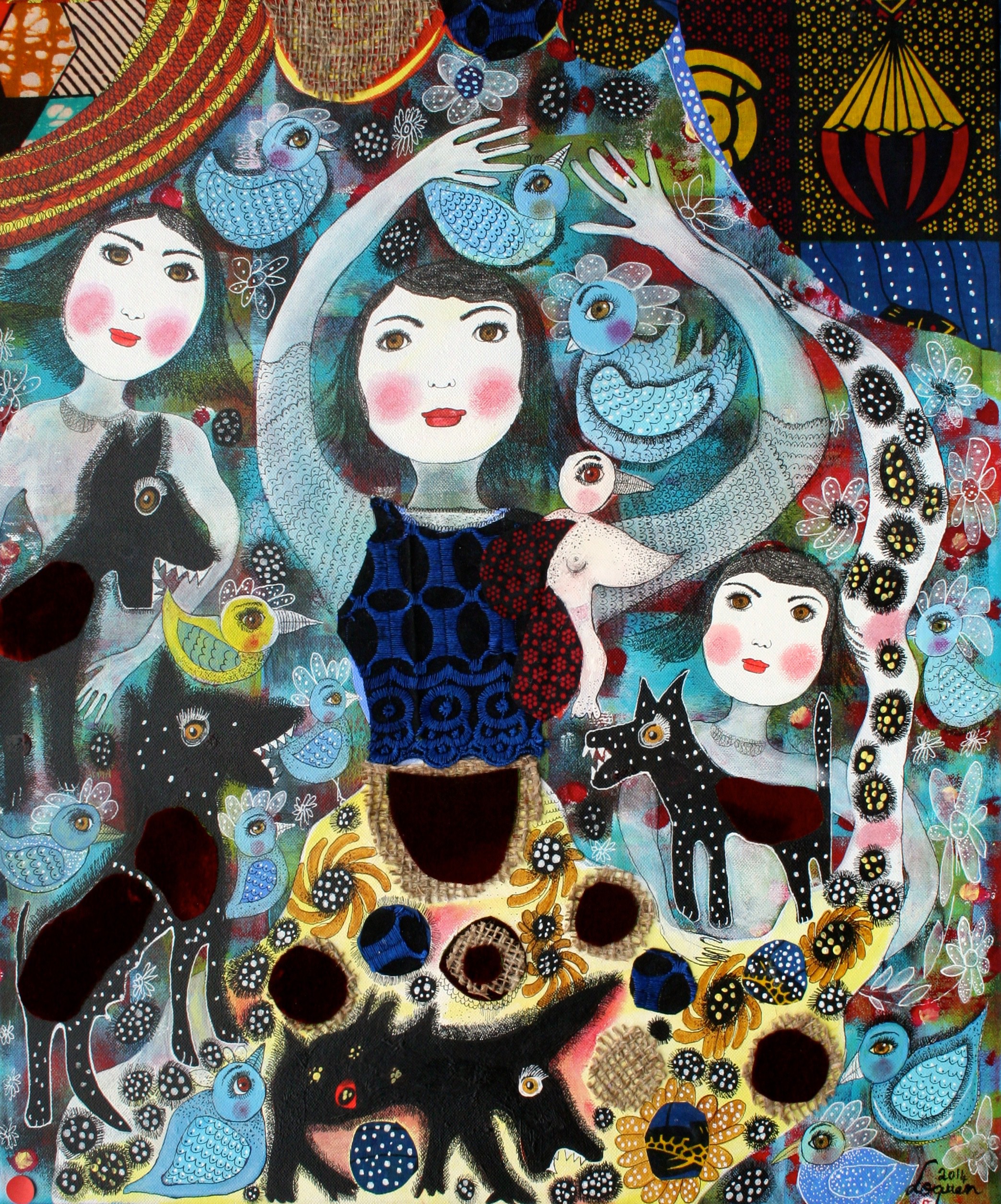 A vibrant, collage-style portrait of a central figure surrounded by animals and birds in a rich tapestry of patterns.