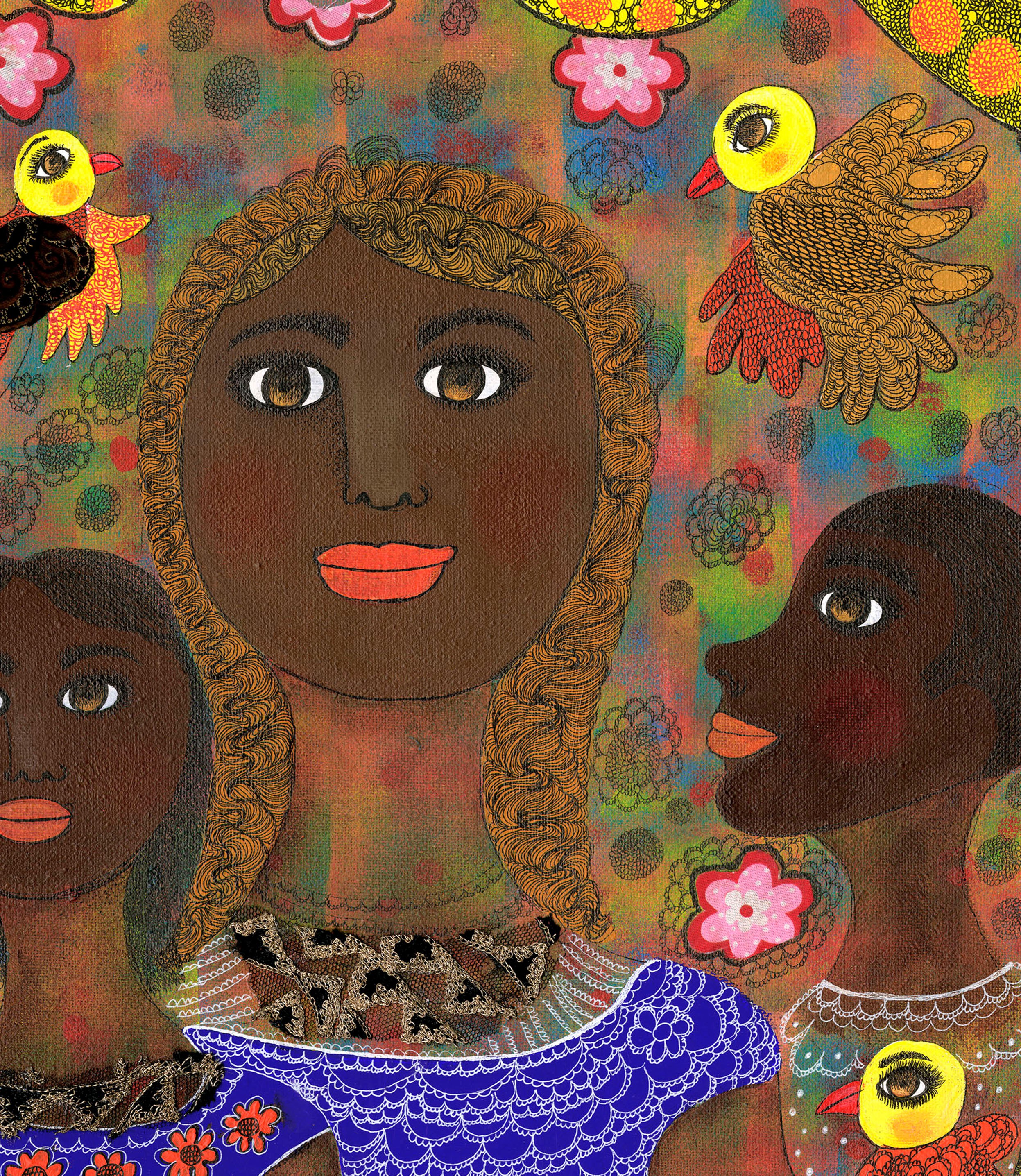 A painting of a woman surrounded by birds and flowers.
