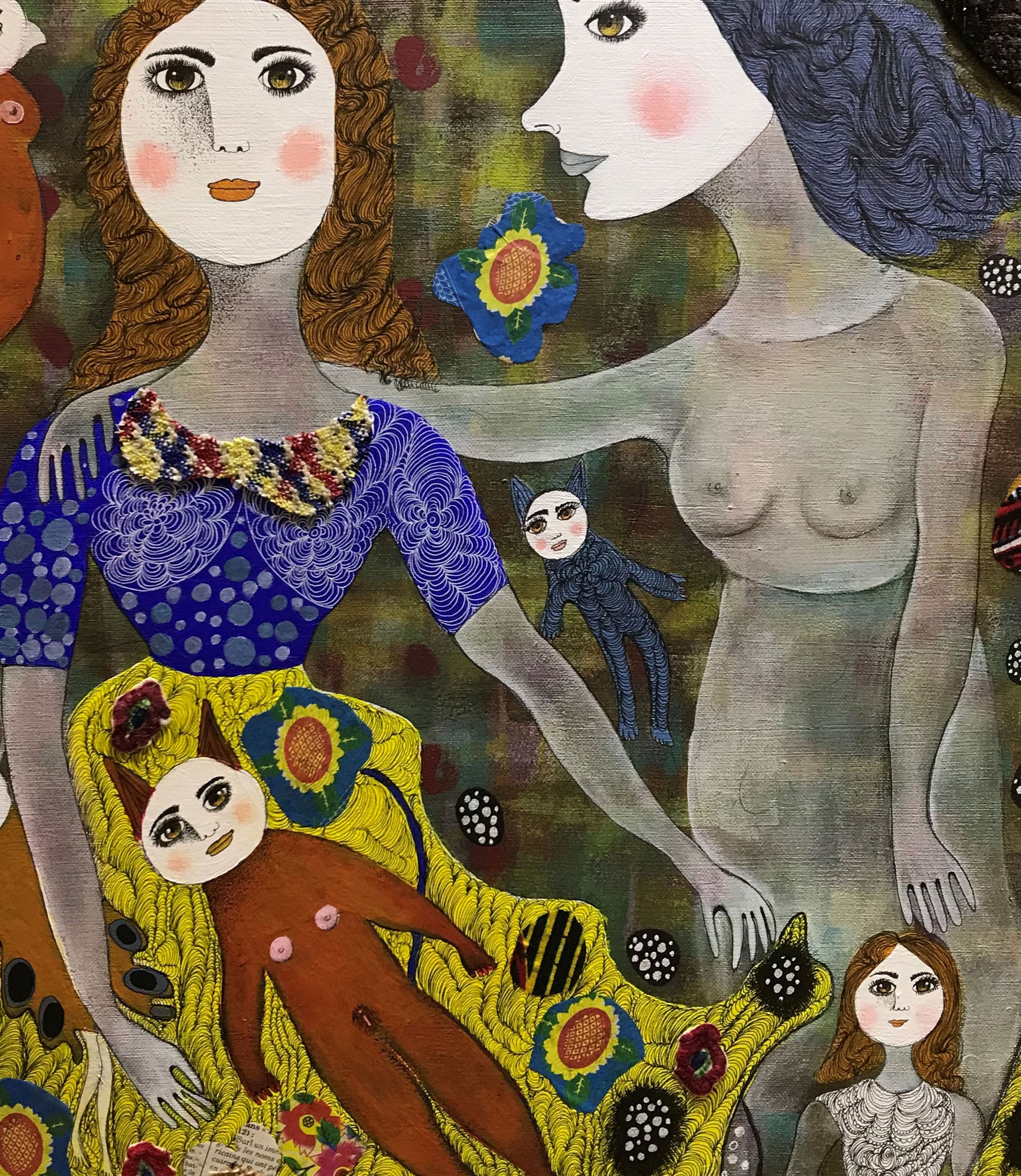 A surreal composition featuring stylized figures with exaggerated features and vibrant, contrasting colors.
