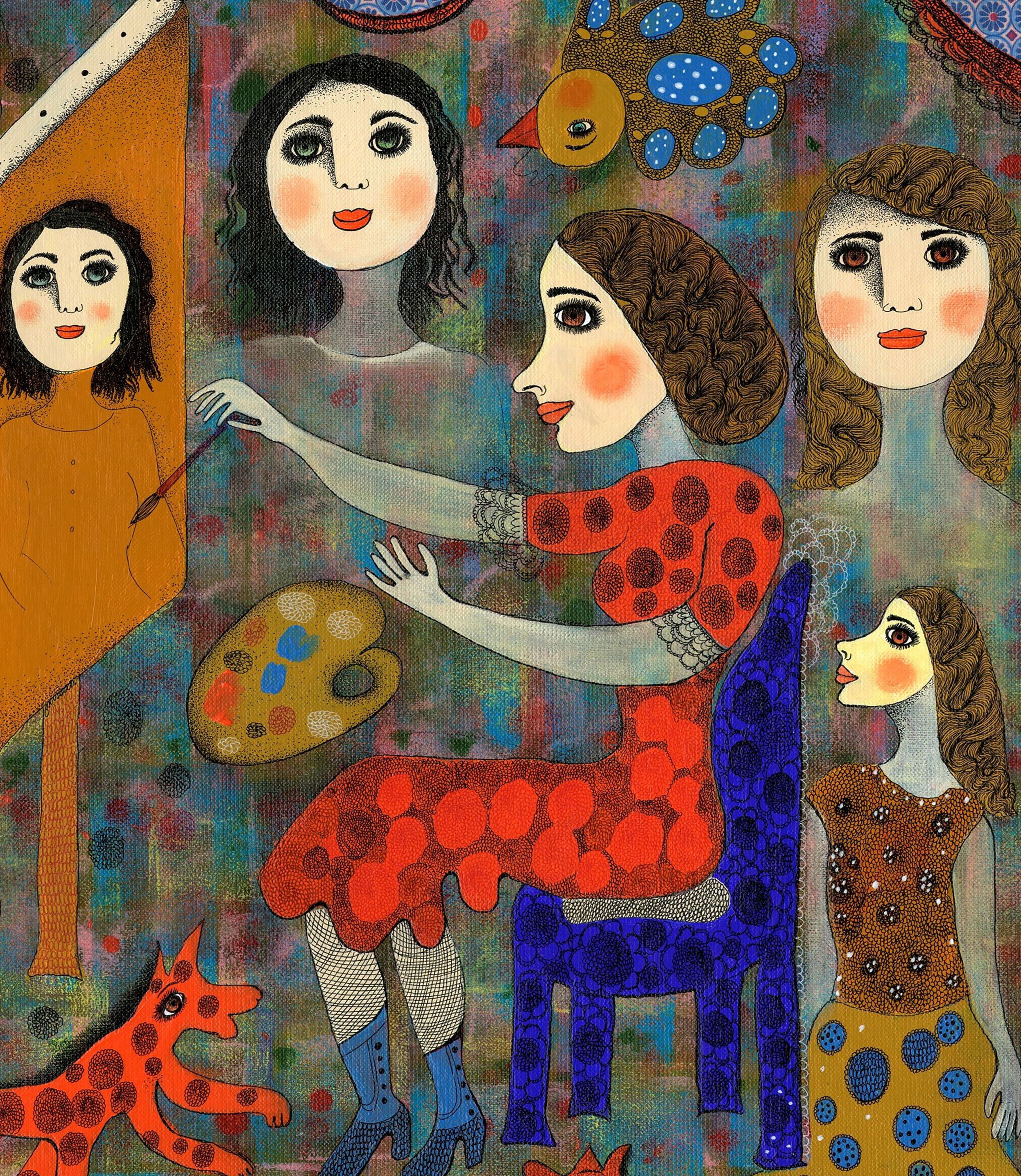 A painting of a group of women and a dog in front of a mirror.