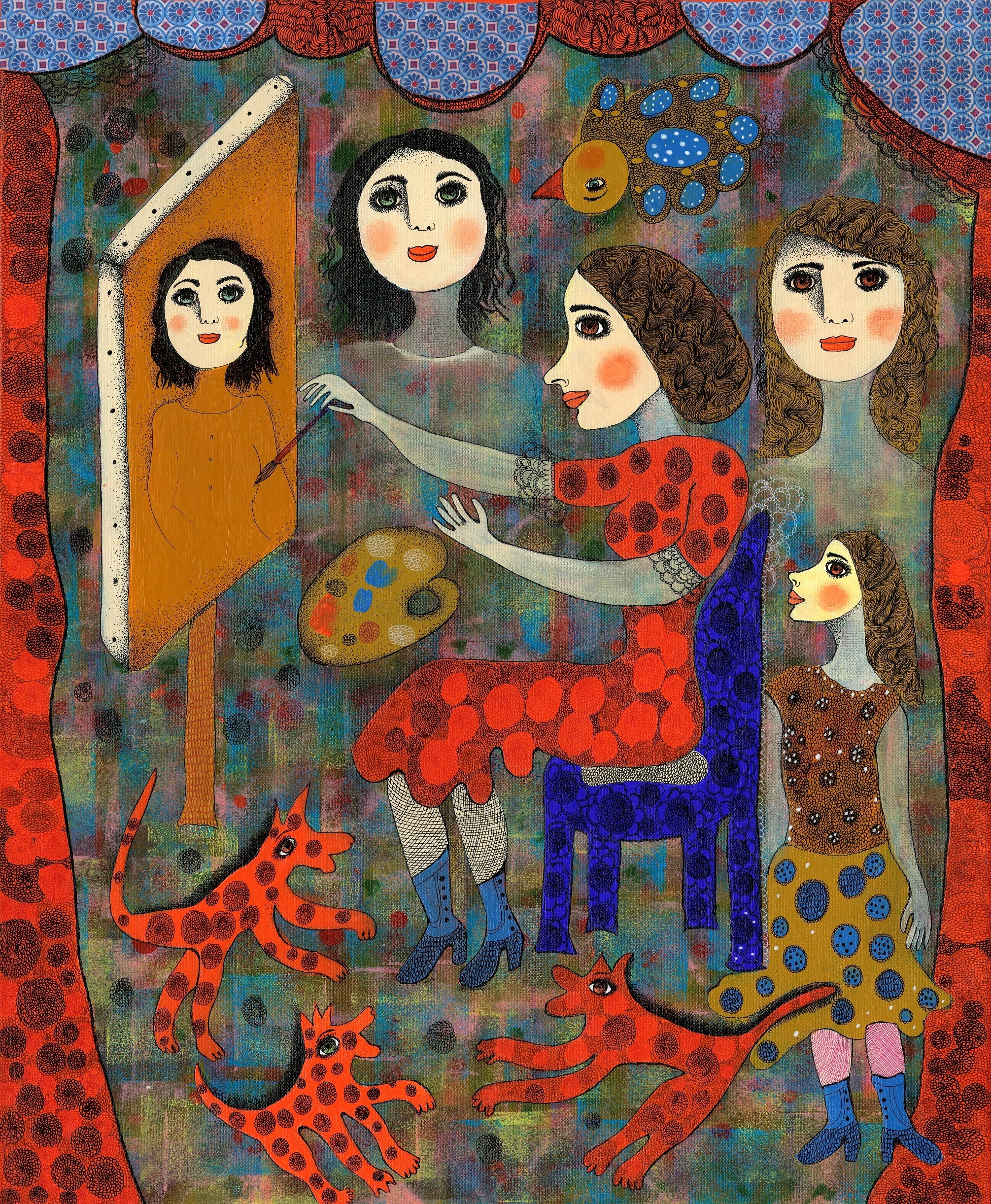 A painting of a group of women and a dog in front of a mirror.