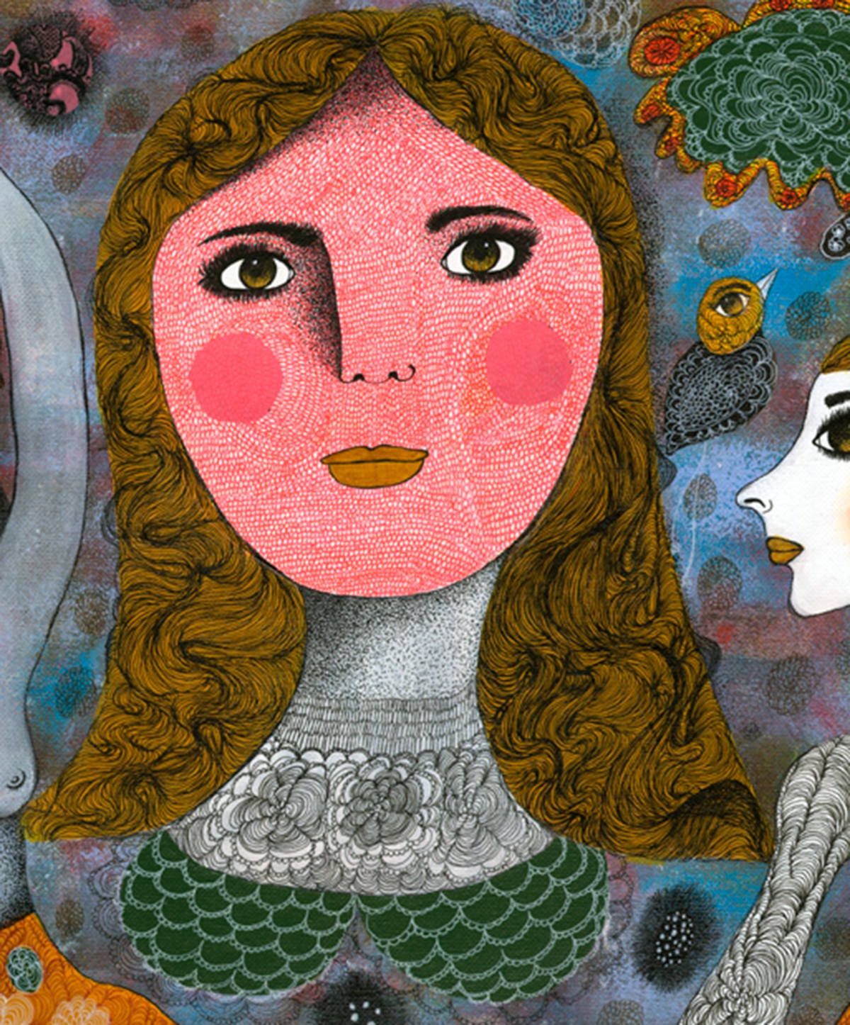 A painting of a woman with long brown hair.