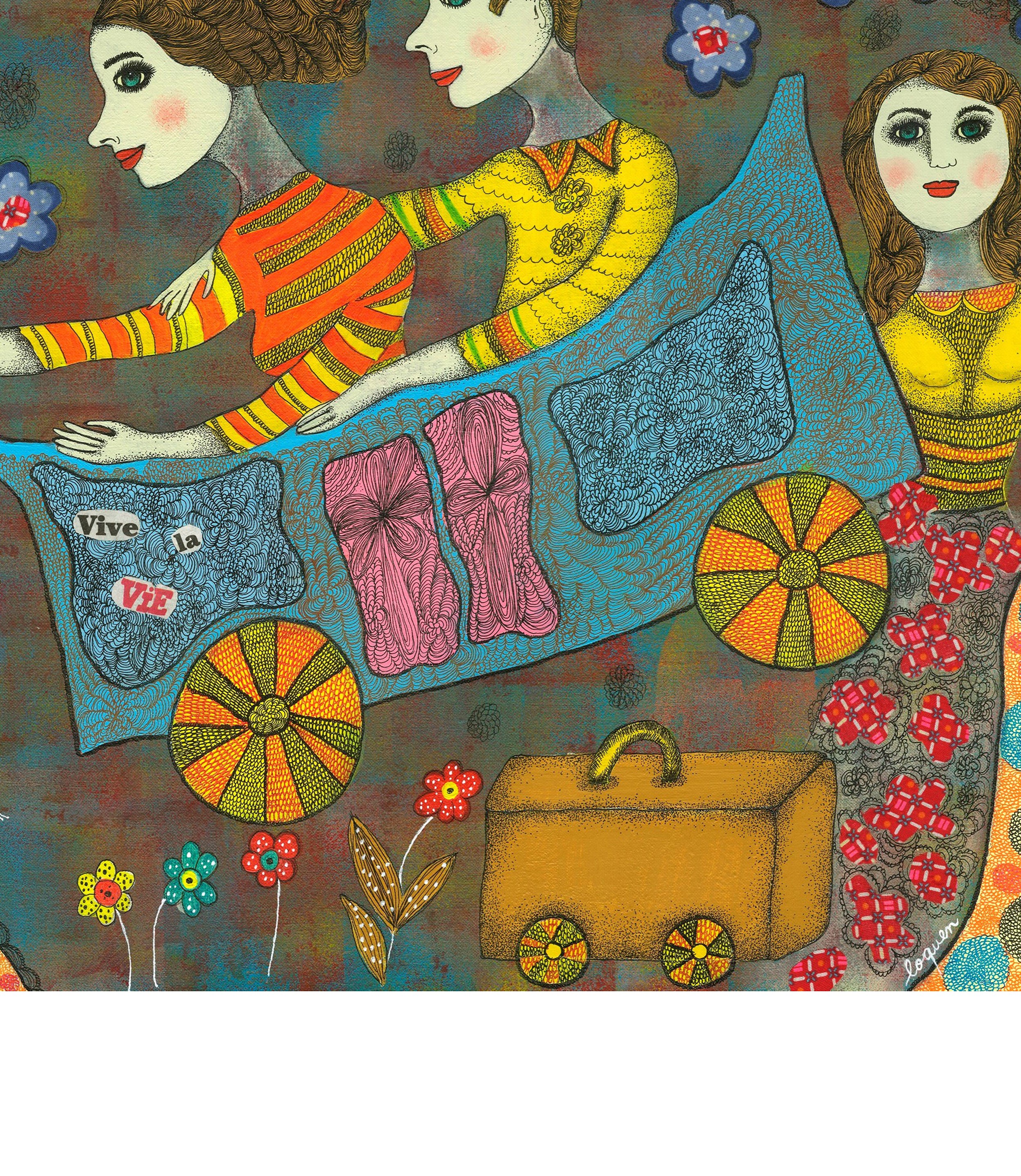 A painting of three women sitting on top of a bed.