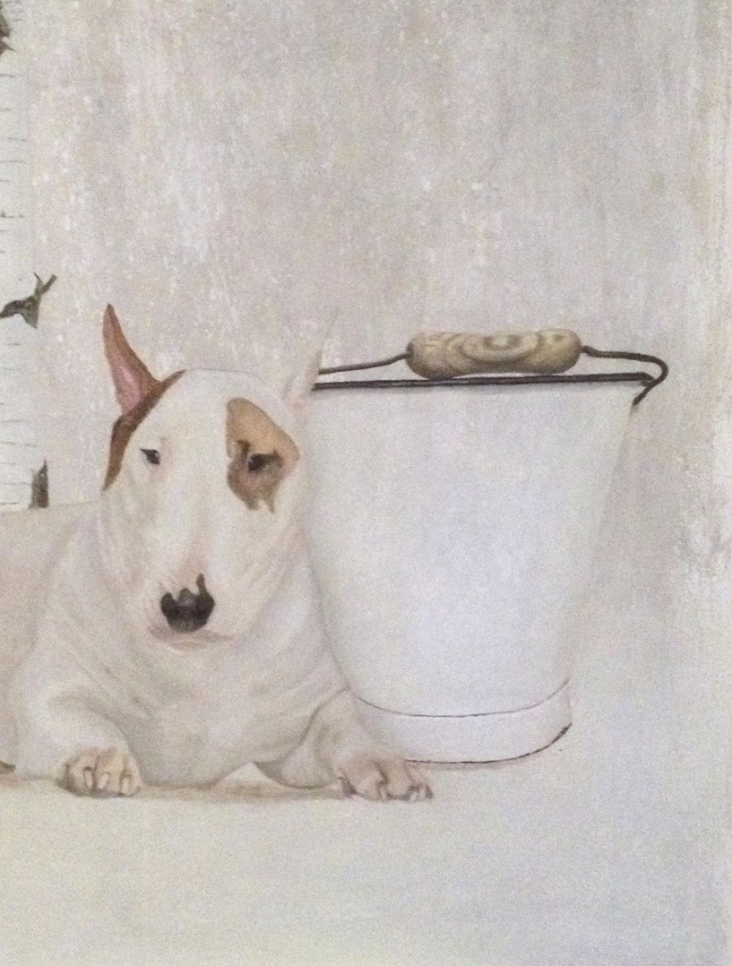 A painting of a bull terrier laying next to a bucket.