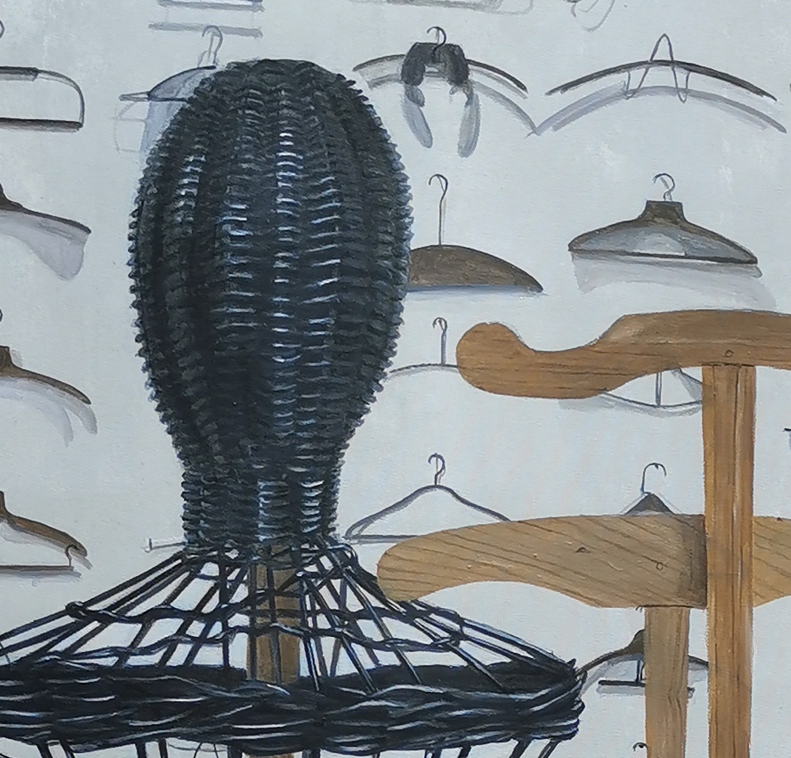 A painting of a mannequin on a rack of clothes hangers.