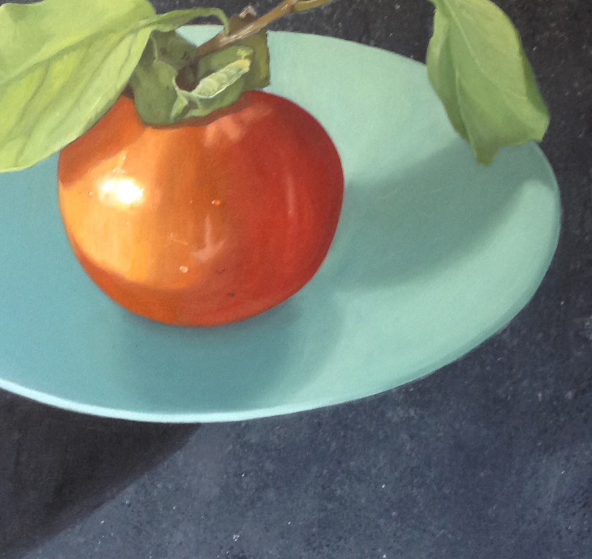 A painting of a tomato on a blue plate.