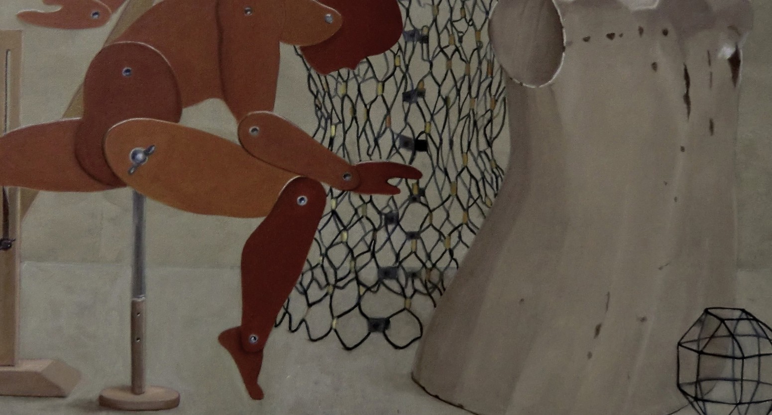 A painting of a mannequin and a sculpture in a room.