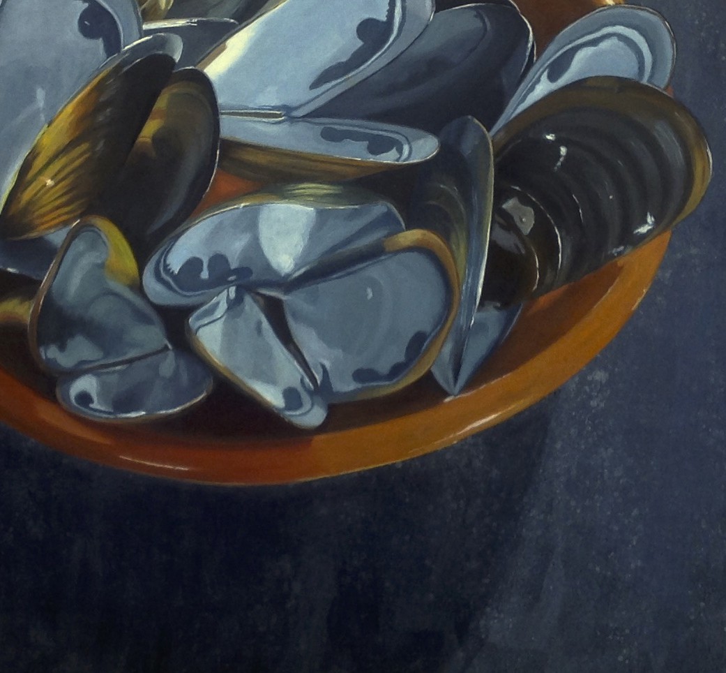 A painting of mussels in a bowl on a table.
