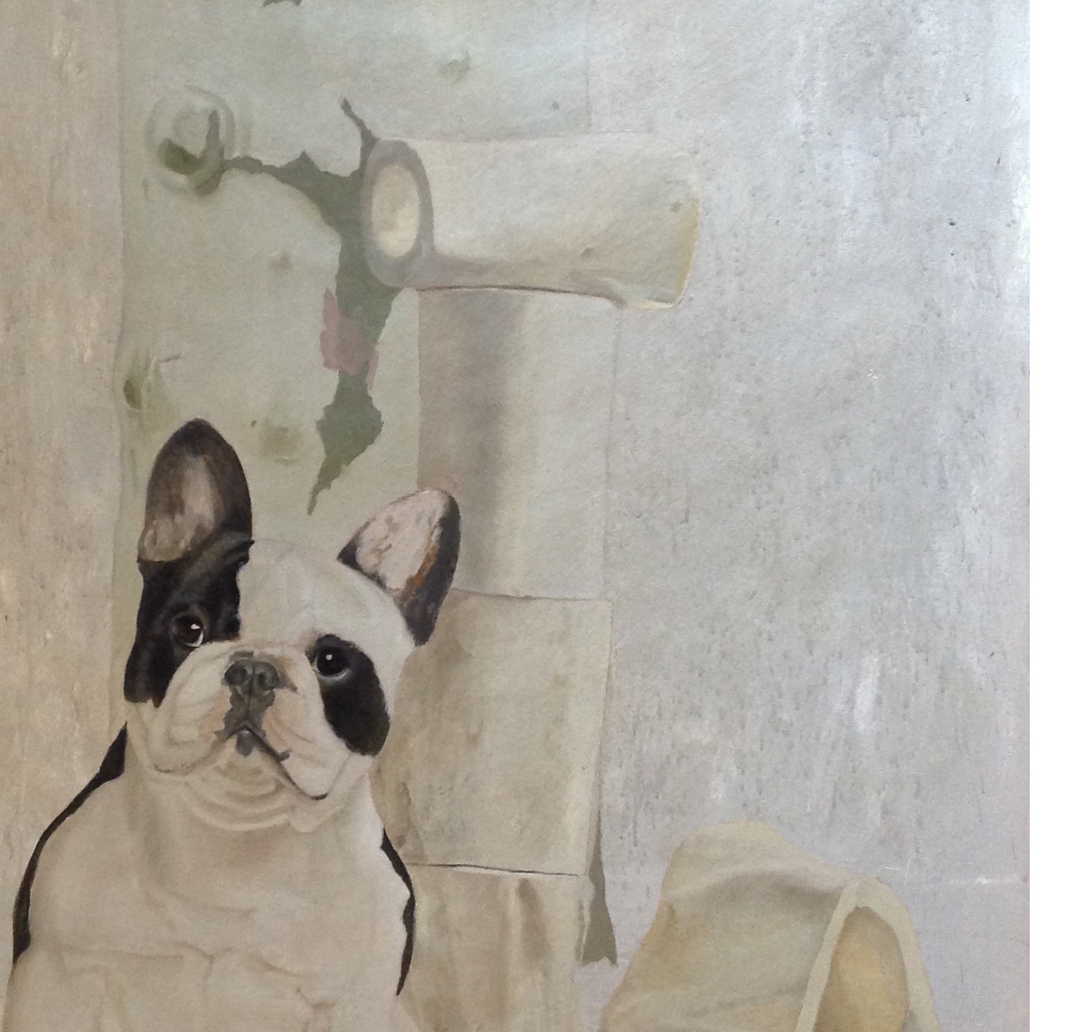 A painting of a dog sitting in front of a toilet paper roll.