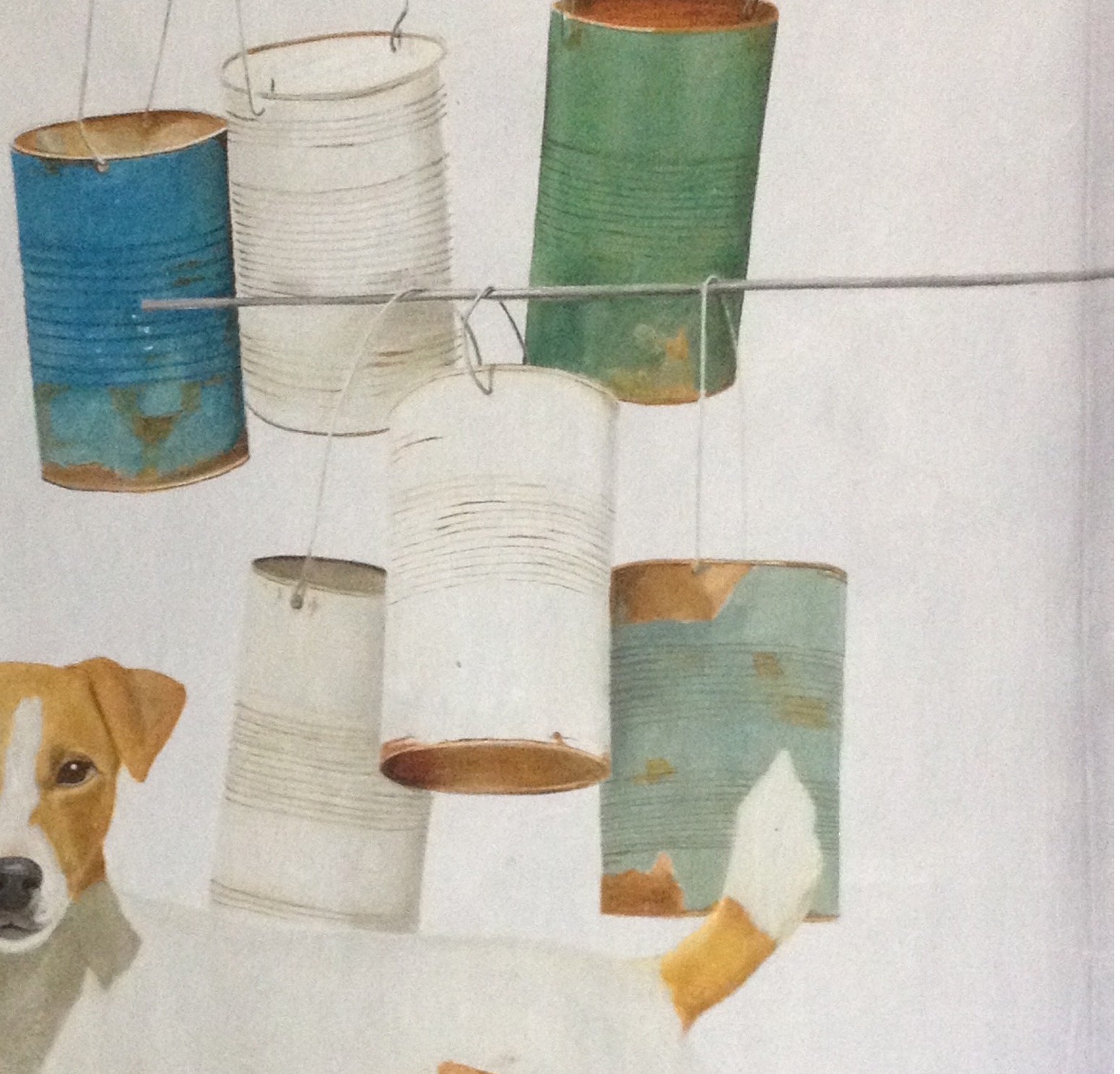 A painting of a dog looking at tin cans hanging from a wire.