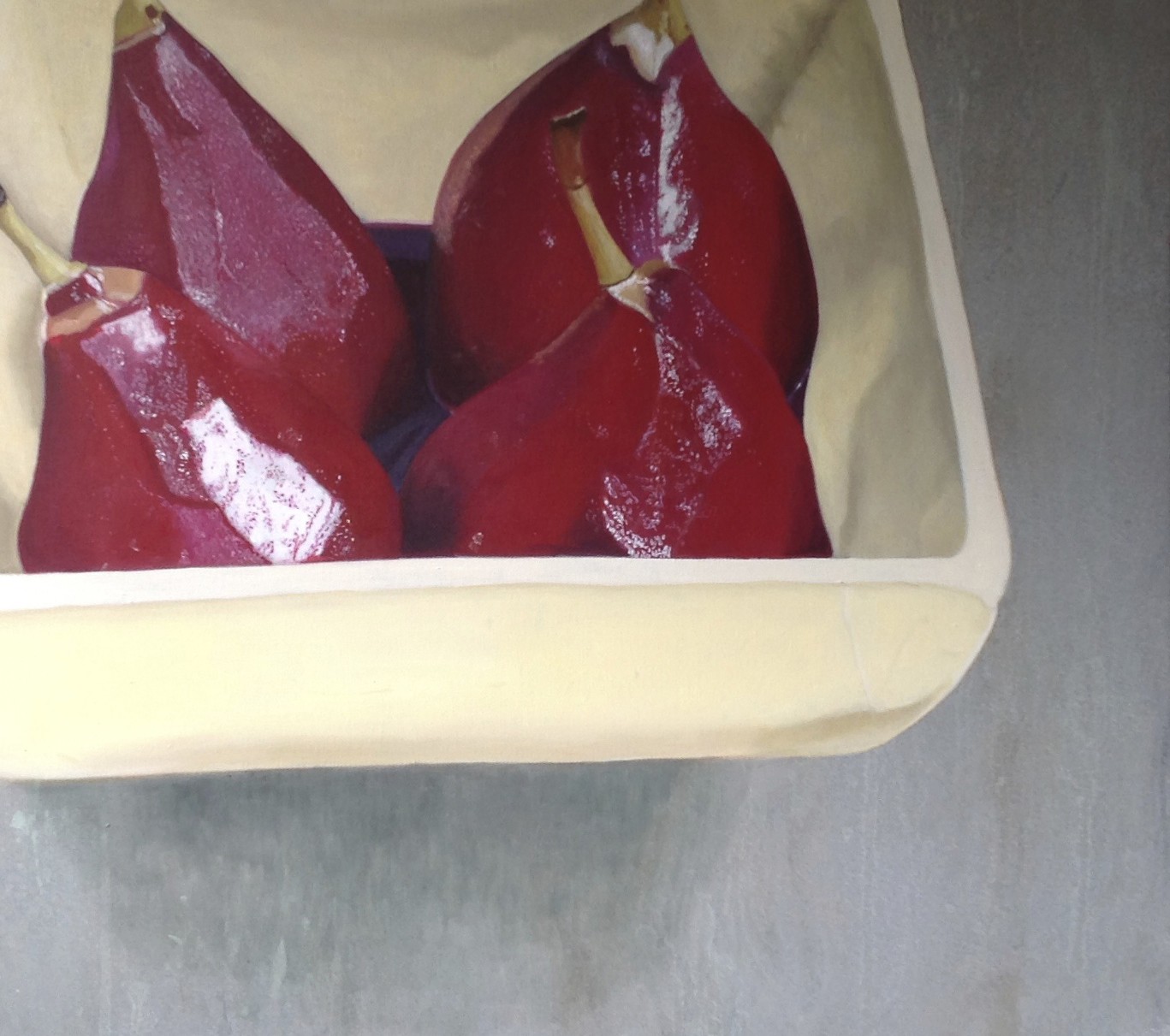A painting of three red pears in a white box.