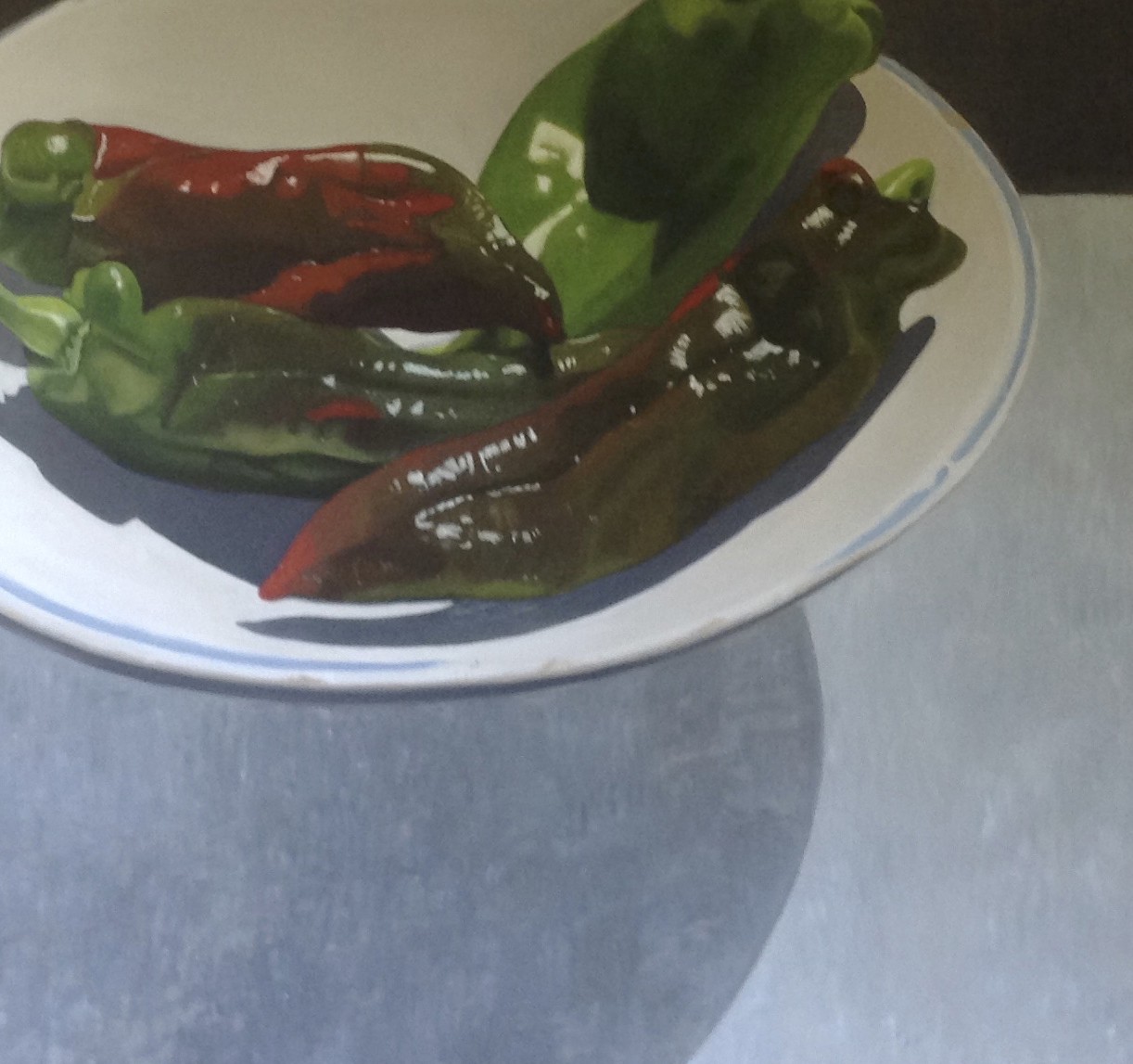 A painting of three peppers on a plate on a table.
