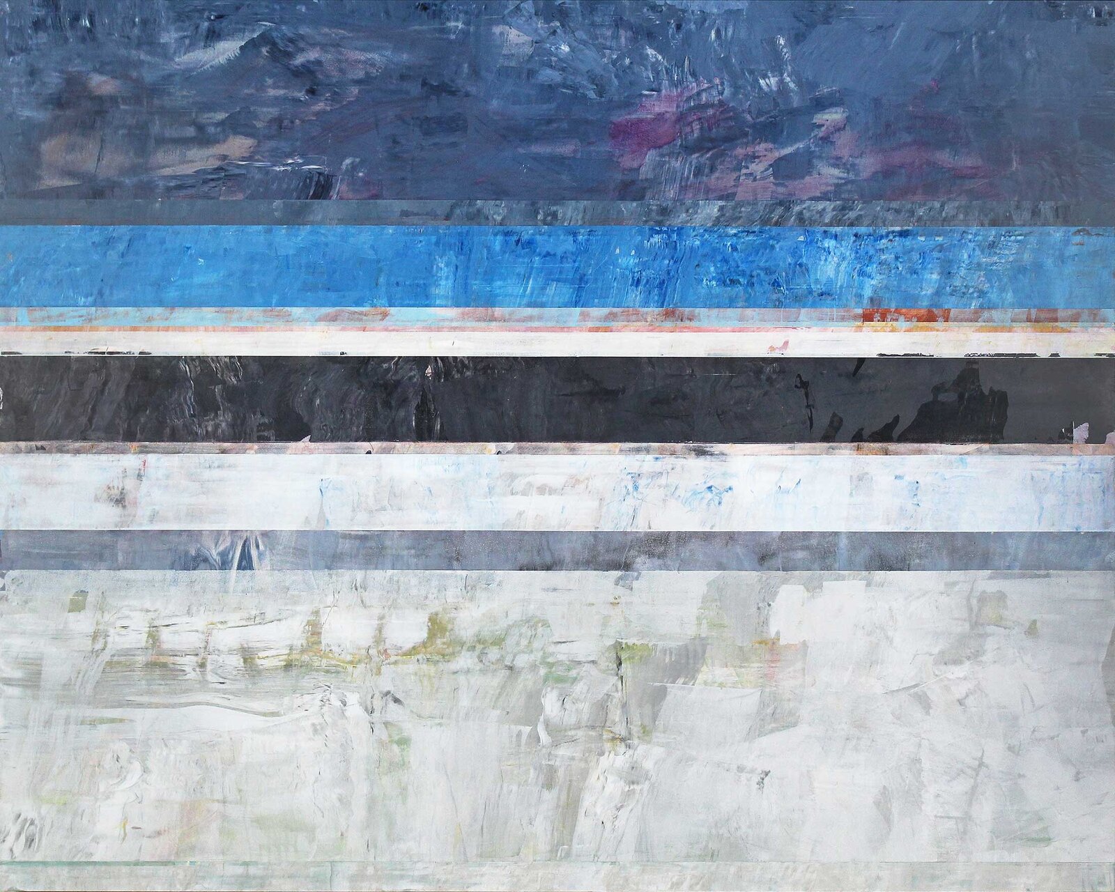A layered abstract composition featuring horizontal bands of textured paint in cool blues, blacks, and whites.