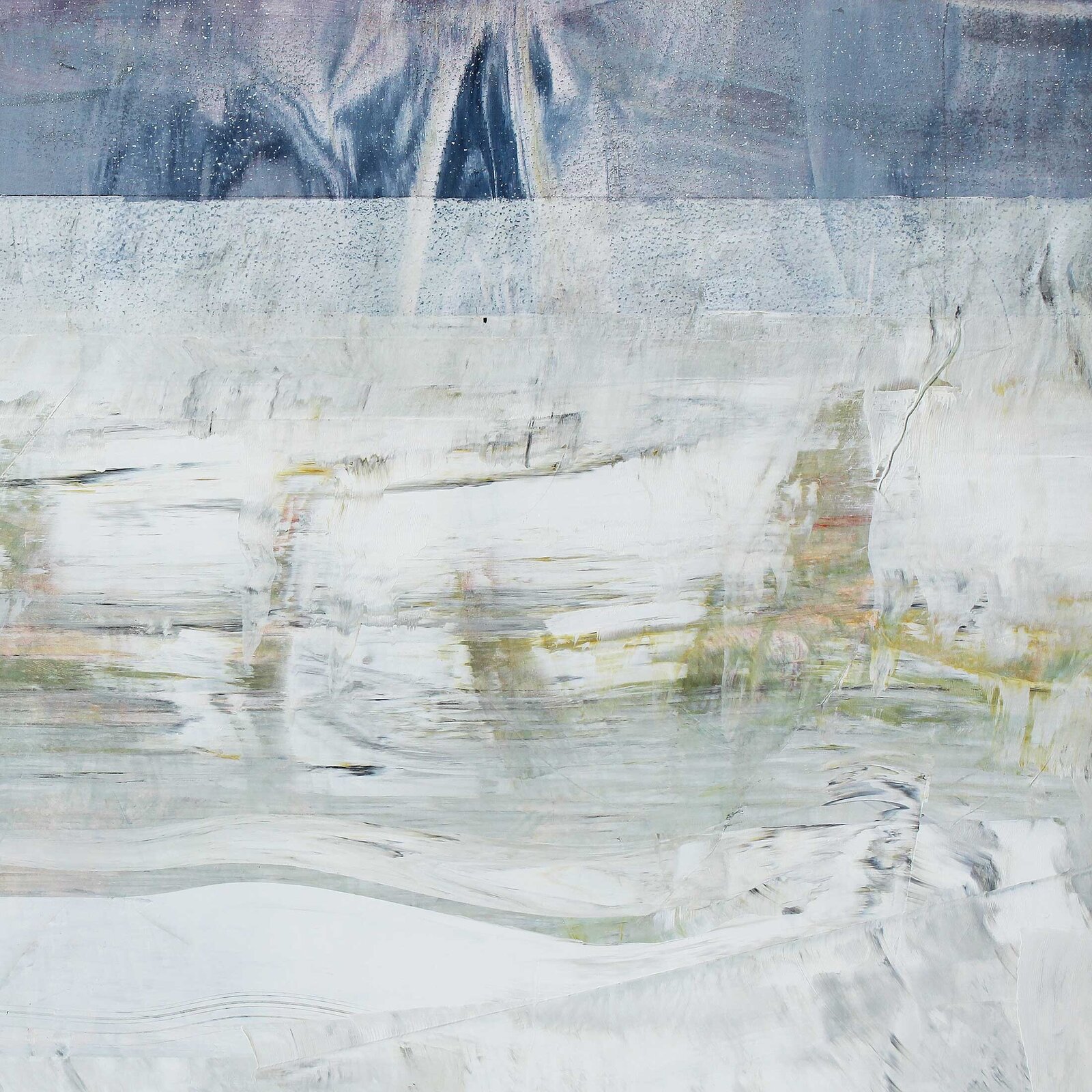 A layered abstract composition featuring horizontal bands of textured paint in cool blues, blacks, and whites.