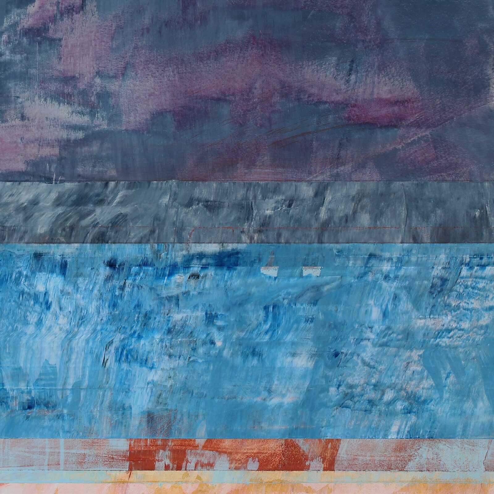 A layered abstract composition featuring horizontal bands of textured paint in cool blues, blacks, and whites.