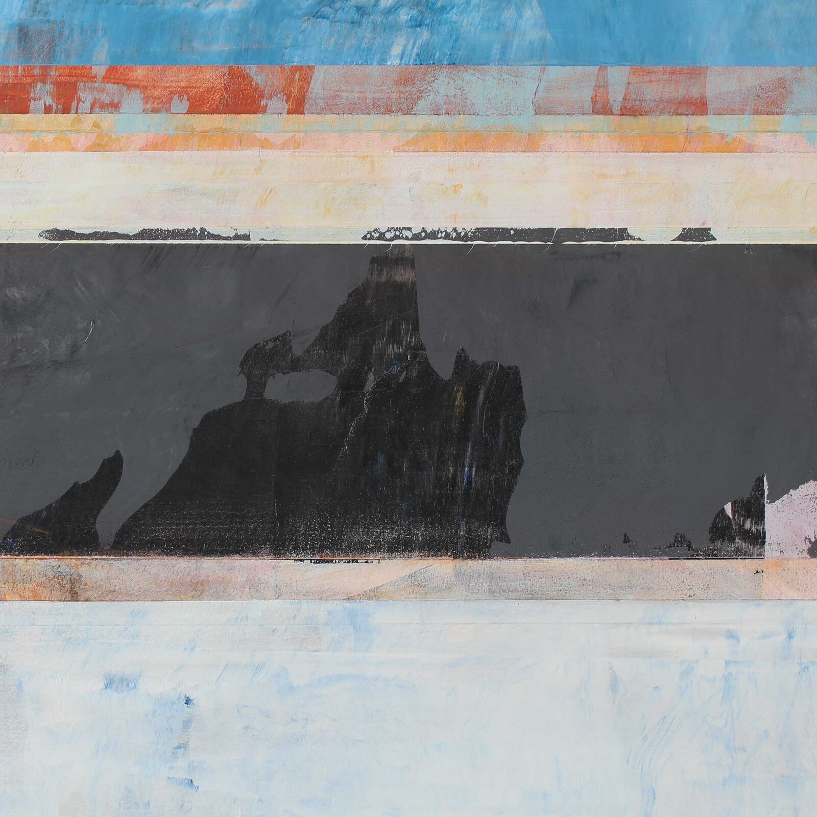 A layered abstract composition featuring horizontal bands of textured paint in cool blues, blacks, and whites.