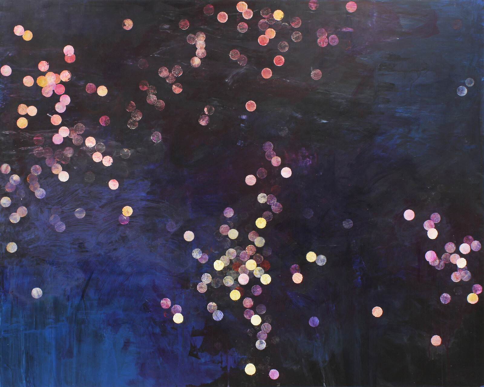 A dark canvas filled with scattered, glowing orbs of warm light against a deep blue background.